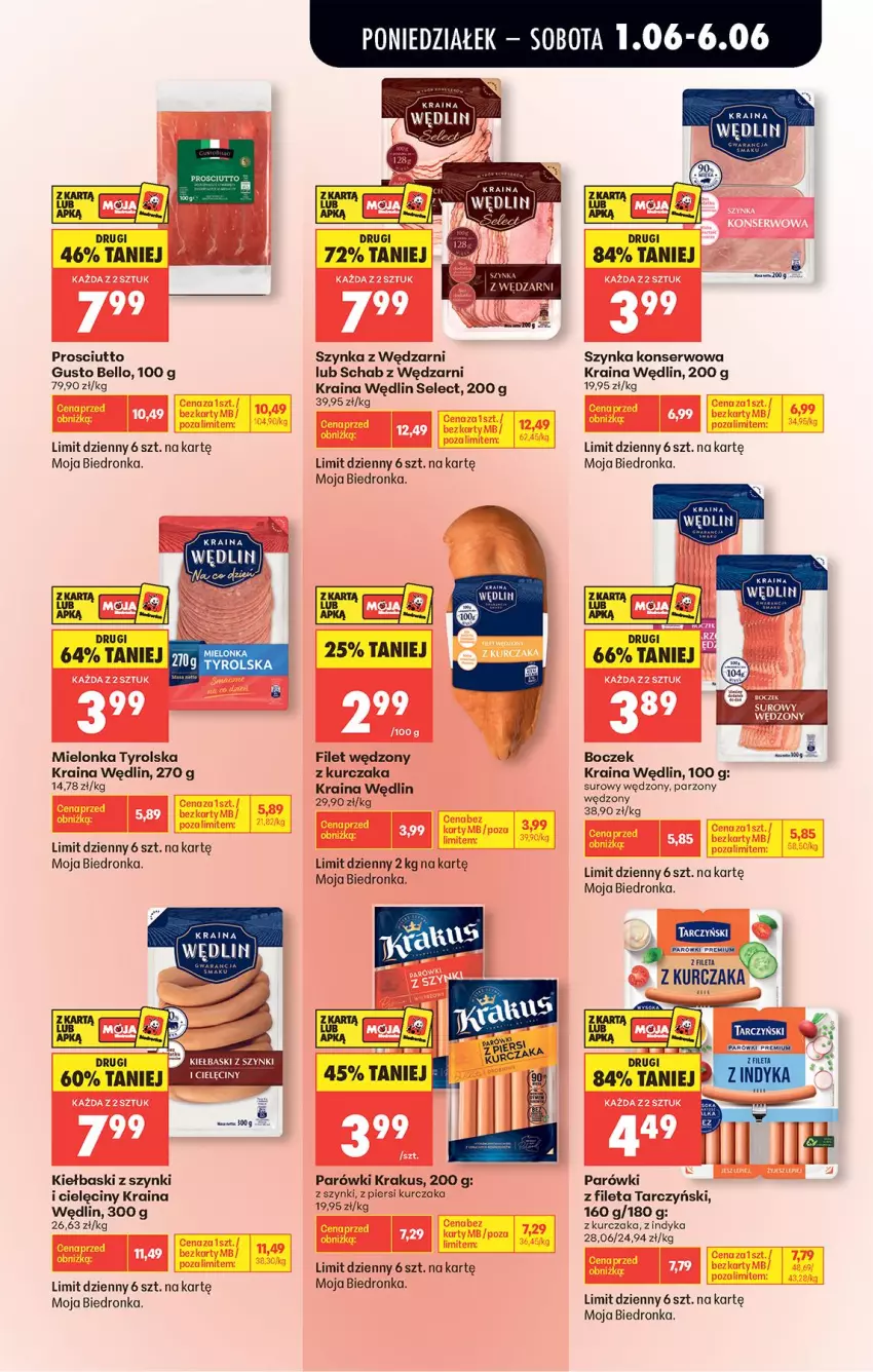 Gazetka promocyjna Biedronka - Od Poniedziałku - ważna 01.06 do 06.06.2026 - strona 46 - produkty: Bell, Boczek, Fa, Krakus, Kurczak, Mielonka tyrolska, Parówki, Prosciutto, Ser, Szynka, Szynka konserwowa, Tarczyński