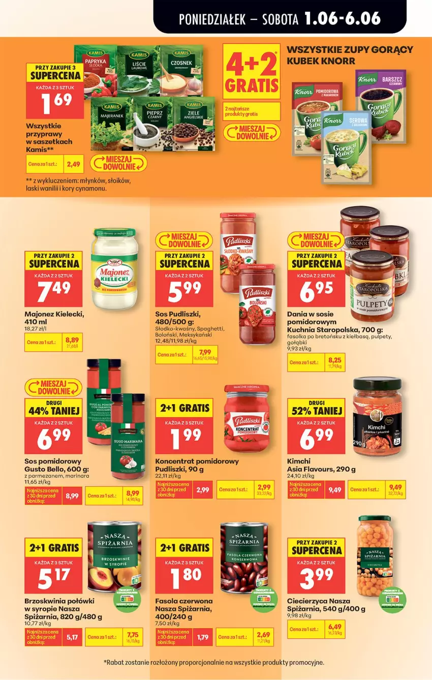 Gazetka promocyjna Biedronka - Od Poniedziałku - ważna 01.06 do 06.06.2026 - strona 58 - produkty: Bell, Brzoskwinie, Czosnek, Fa, Fasola, Gra, Kamis, Knorr, Koncentrat pomidorowy, Kubek, Kuchnia, Kuchnia Staropolska, Majonez, Parmezan, Pieprz, Por, Przyprawy, Pudliszki, Pulpety, Ser, Sos, Sos pomidorowy, Spaghetti, Syrop