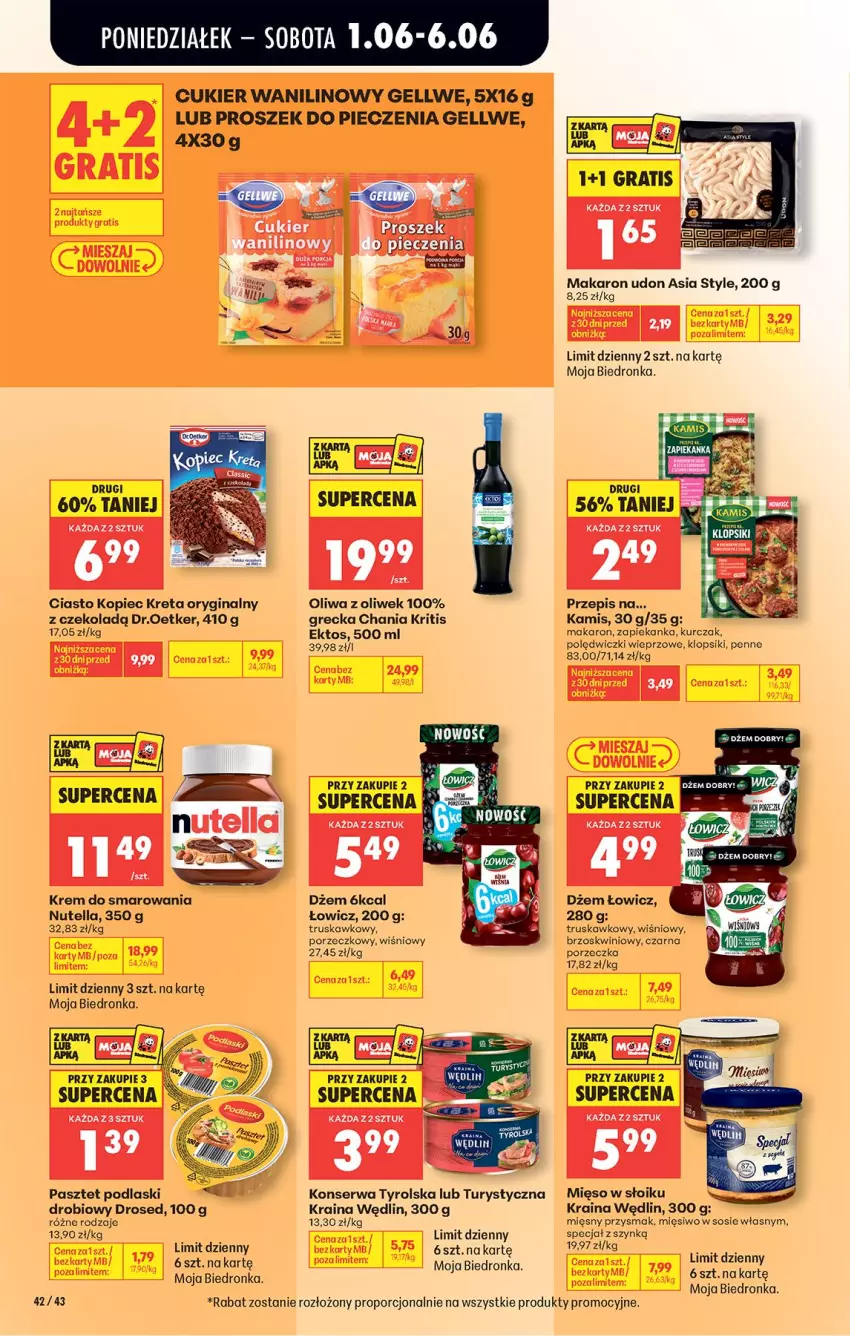 Gazetka promocyjna Biedronka - Od Poniedziałku - ważna 01.06 do 06.06.2026 - strona 59 - produkty: Cukier, Cukier wanilinowy, Dżem, Gin, Kamis, Klopsiki, Kopiec Kreta, Kret, Kurczak, Makaron, Mięso, Mięso w słoiku, Nutella, Oliwa, Oliwa z oliwek, Pasztet, Penne, Piec, Podlaski, Por, Proszek do pieczenia, Ser, Sos, Zapiekanka