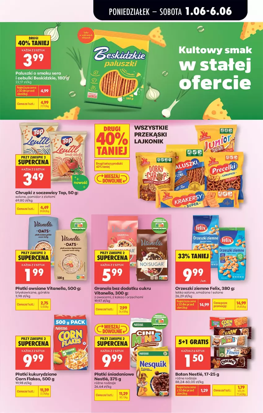 Gazetka promocyjna Biedronka - Od Poniedziałku - ważna 01.06 do 06.06.2026 - strona 68 - produkty: Baton, Chrupki, Corn flakes, Danio, Fa, Felix, Gra, Granola, Kakao, Lajkonik, Orzeszki, Orzeszki ziemne, Płatki owsiane, Top