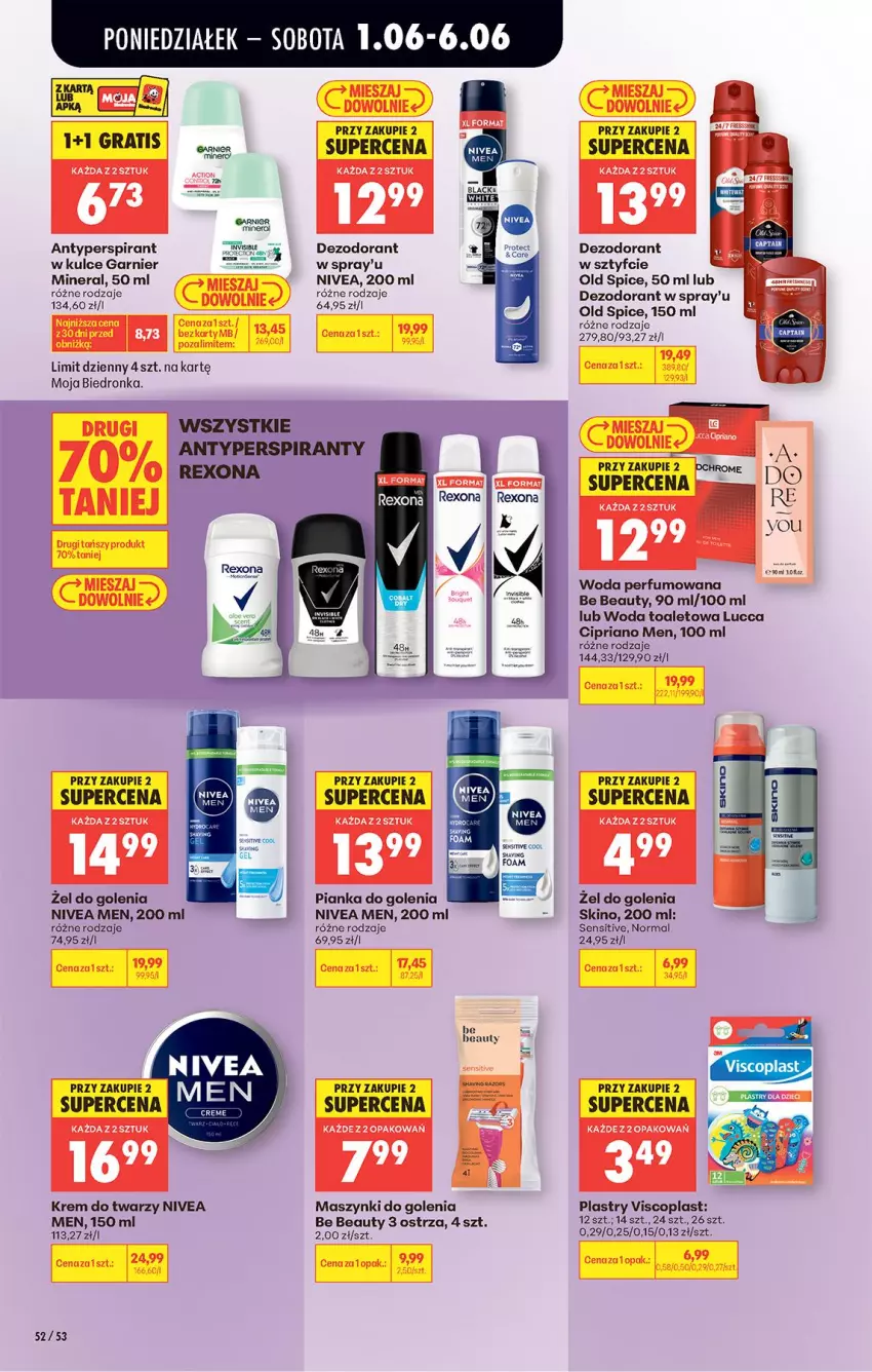 Gazetka promocyjna Biedronka - Od Poniedziałku - ważna 01.06 do 06.06.2026 - strona 77 - produkty: Antyperspirant, Be Be, Dezodorant, Garnier, Krem do twarzy, Nivea, Nivea Men, Old Spice, Perfum, Pianka do golenia, Rexona, Viscoplast, Woda, Woda perfumowana, Woda toaletowa