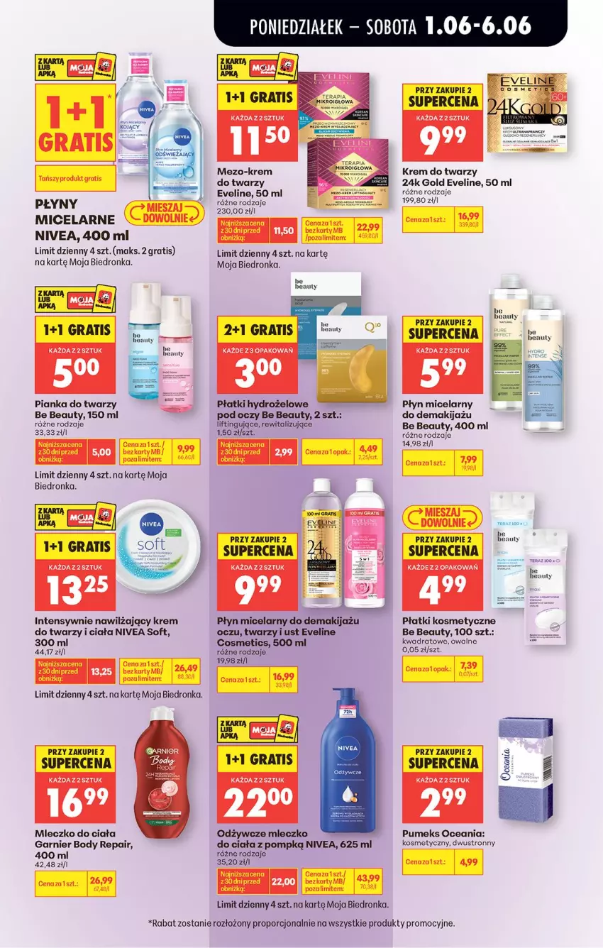 Gazetka promocyjna Biedronka - Od Poniedziałku - ważna 01.06 do 06.06.2026 - strona 78 - produkty: Be Be, Body, Eveline, Garnier, Gra, Krem do twarzy, Makijaż, Miecz, Mleczko, Mleczko do ciała, Nivea, Nuty, Płatki kosmetyczne, Płyn micelarny, Por, Pumeks, Tera