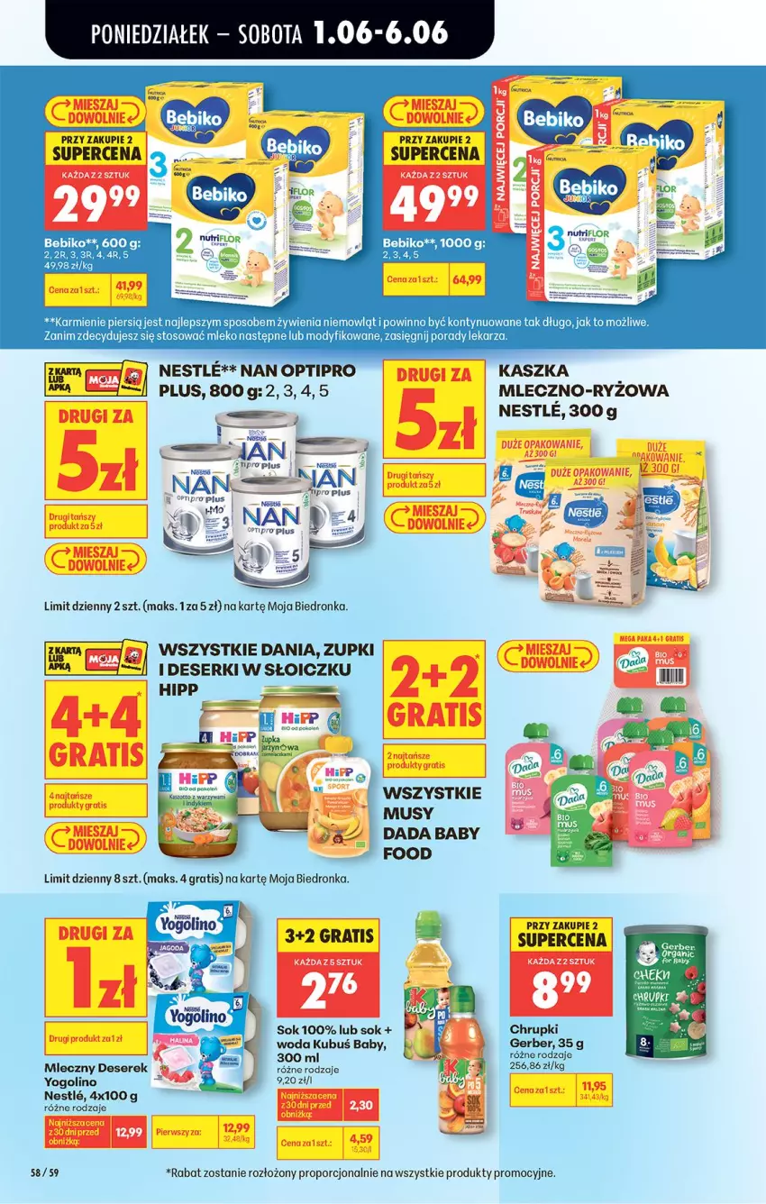 Gazetka promocyjna Biedronka - Od Poniedziałku - ważna 01.06 do 06.06.2026 - strona 83 - produkty: Bebiko, Chrupki, Dada, Deser, Gerber, HiPP, Karmi, Kubuś, Mleko, NAN Optipro, O nas, Por, Ryż, Ser, Serek, Sok, Woda