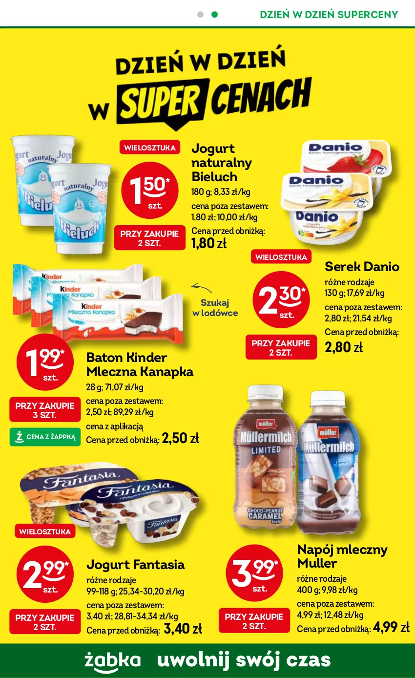 Gazetka promocyjna Żabka - ważna 12.02 do 25.02.2025 - strona 43 - produkty: Baton, Bieluch, Danio, Fa, Fanta, Jogurt, Jogurt naturalny, Kinder, Mleczna kanapka, Napój, Napój mleczny, Ser, Serek