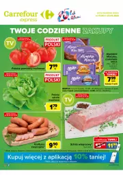 Gazetka promocyjna Carrefour - Gazetka Express - Gazetka - ważna od 23.05 do 23.05.2022 - strona 1 - produkty: Ser, Sałat, Schab wieprzowy, Mleczko, Czekolada, Masło, Kiełbasa, Pomidory, Milka