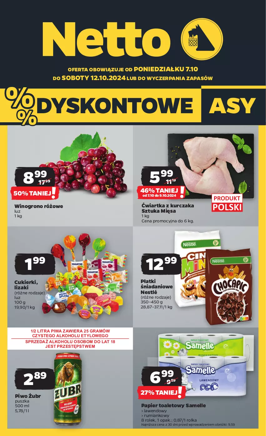 Gazetka promocyjna Netto - Netto Gazetka Food 41/24A - ważna 07.10 do 12.10.2024 - strona 1 - produkty: Cukier, Cukierki, Danio, Gra, Kurczak, Lizaki, Nestlé, Papier, Papier toaletowy, Piwa, Piwo, Rum, Wino