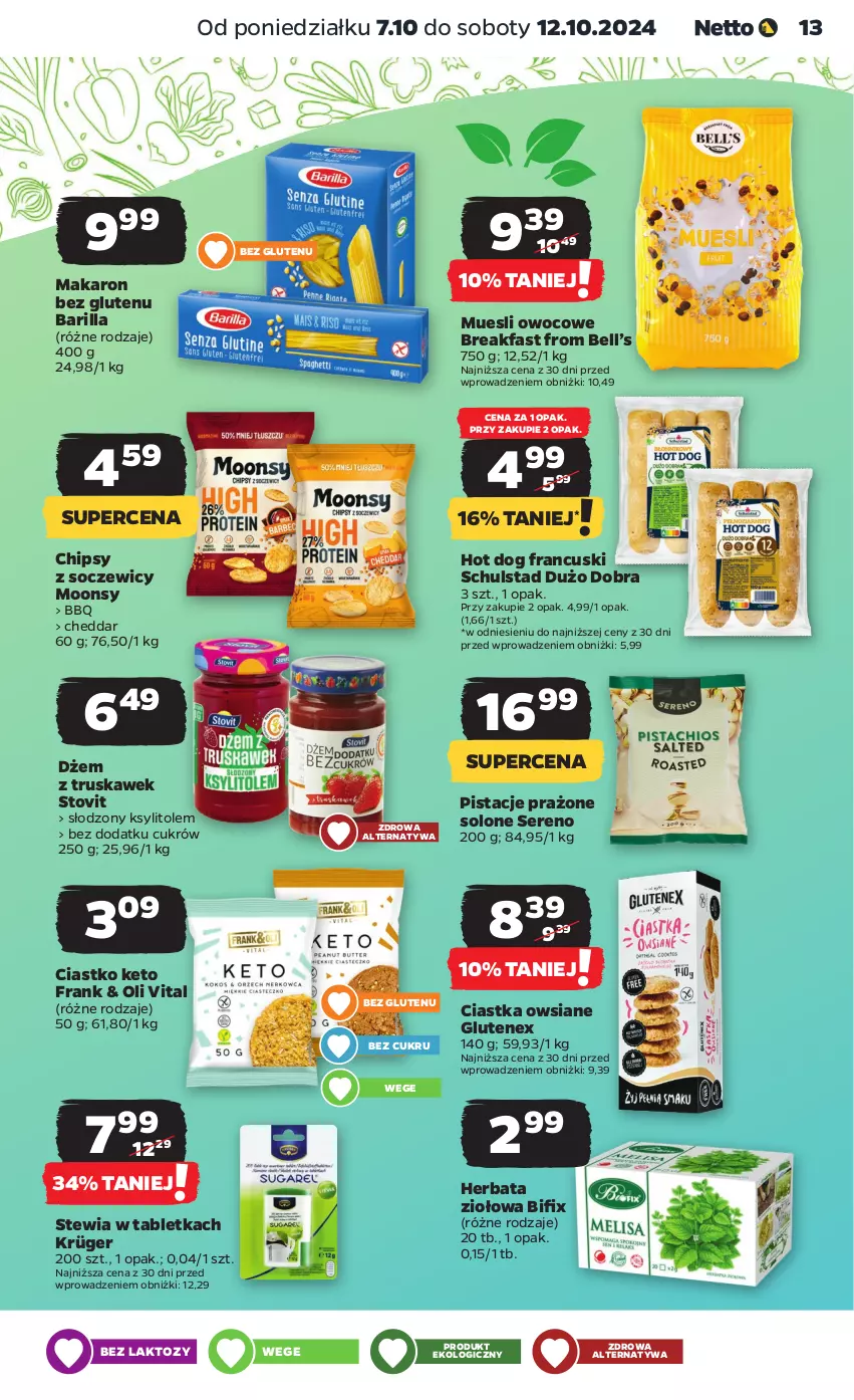 Gazetka promocyjna Netto - Netto Gazetka Food 41/24A - ważna 07.10 do 12.10.2024 - strona 13 - produkty: Barilla, Bell, Cheddar, Chipsy, Ciastka, Ciastka owsiane, Dżem, Fa, Herbata, Hot dog, Ksylitol, Makaron, Pistacje, Ser, Tablet, Tenex