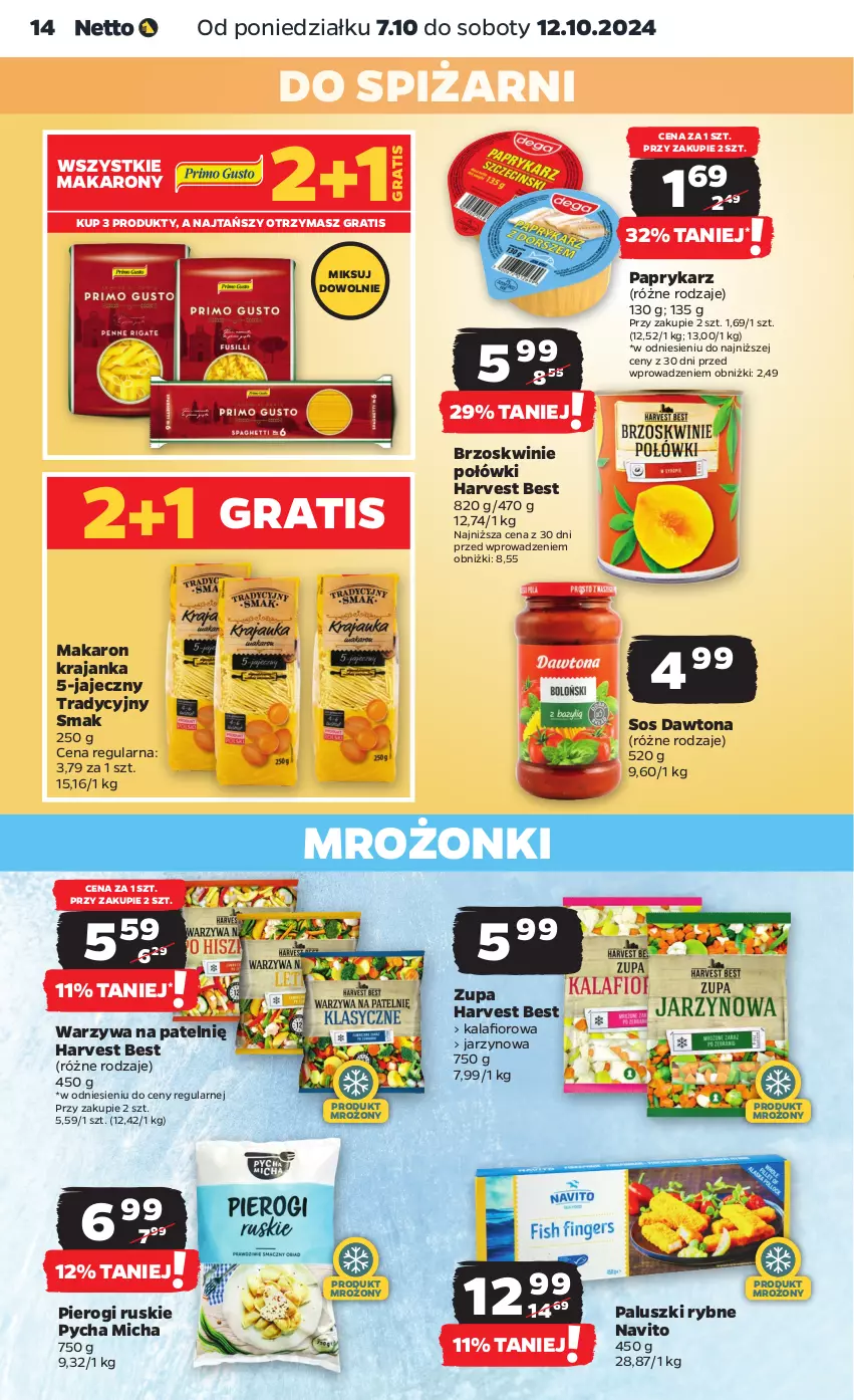 Gazetka promocyjna Netto - Netto Gazetka Food 41/24A - ważna 07.10 do 12.10.2024 - strona 14 - produkty: Brzoskwinie, Dawtona, Gra, Kalafior, Makaron, Paluszki rybne, Papryka, Paprykarz, Pierogi, Sos, Warzywa, Zupa