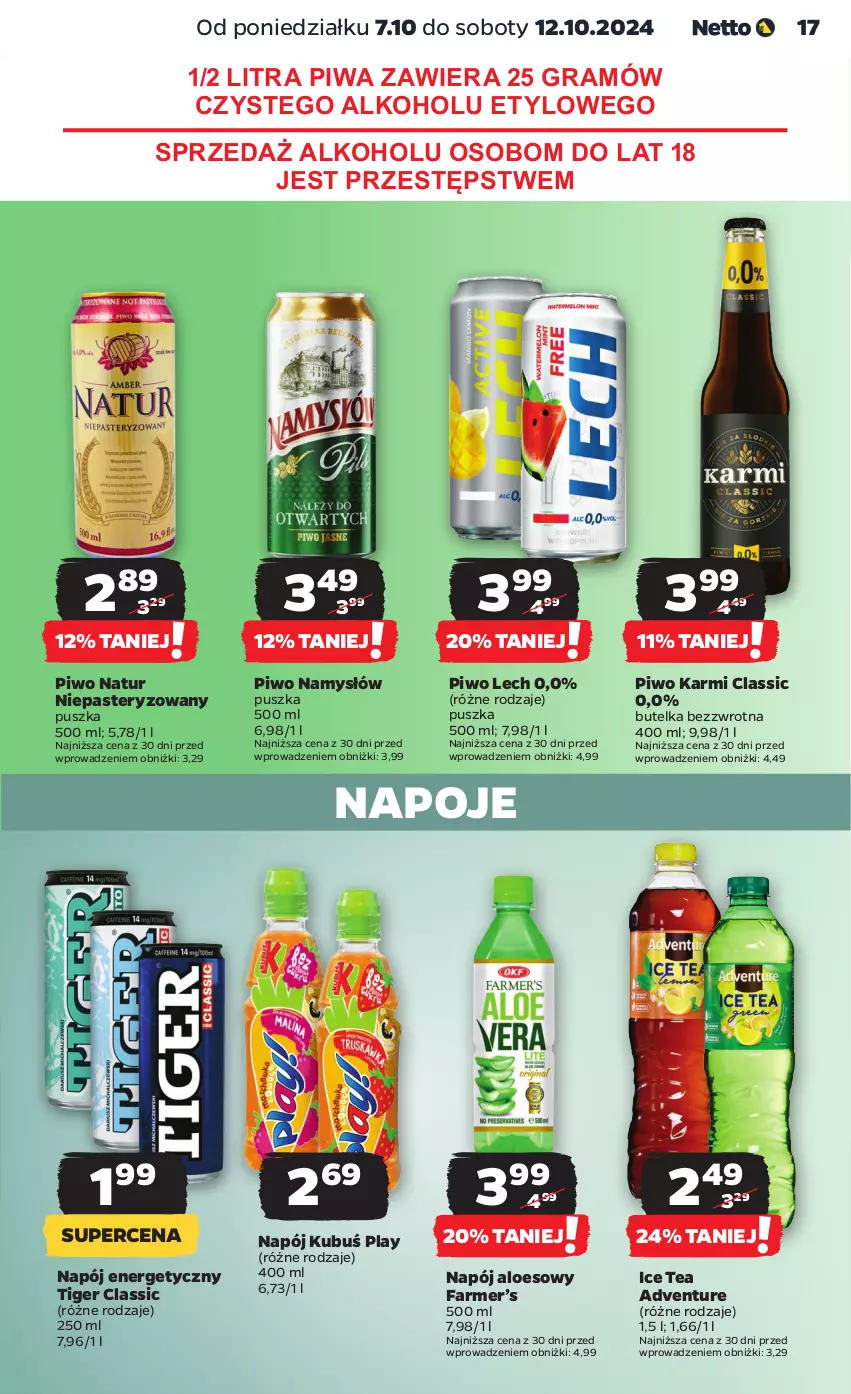 Gazetka promocyjna Netto - Netto Gazetka Food 41/24A - ważna 07.10 do 12.10.2024 - strona 17 - produkty: Fa, Gra, Ice tea, Karmi, Kubuś, Namysłów, Napój, Napój energetyczny, Napoje, Piwa, Piwo, Tiger