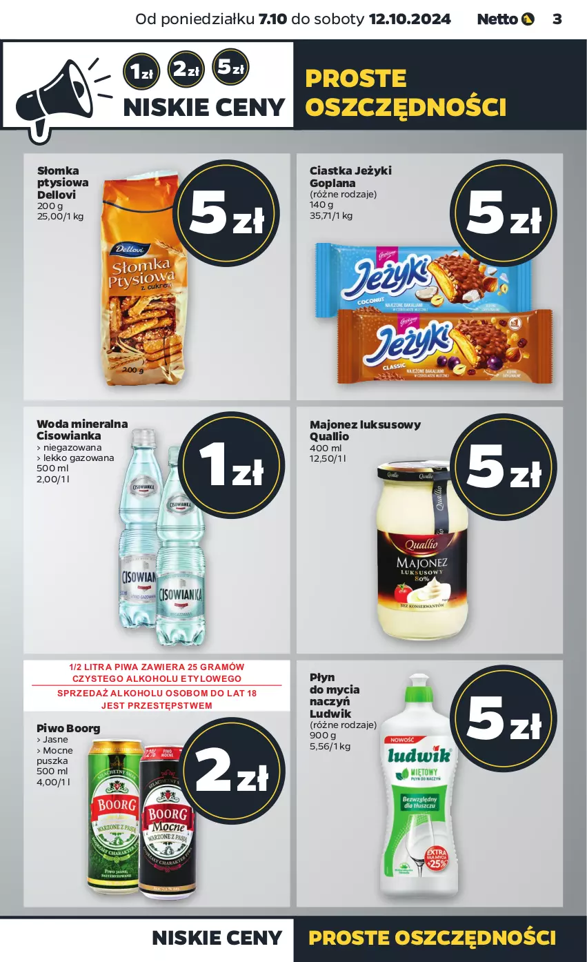 Gazetka promocyjna Netto - Netto Gazetka Food 41/24A - ważna 07.10 do 12.10.2024 - strona 3 - produkty: Ciastka, Cisowianka, Dell, Do mycia naczyń, Goplana, Gra, Jeżyki, LANA, Lovi, Ludwik, Majonez, Piwa, Piwo, Płyn do mycia, Płyn do mycia naczyń, Woda, Woda mineralna