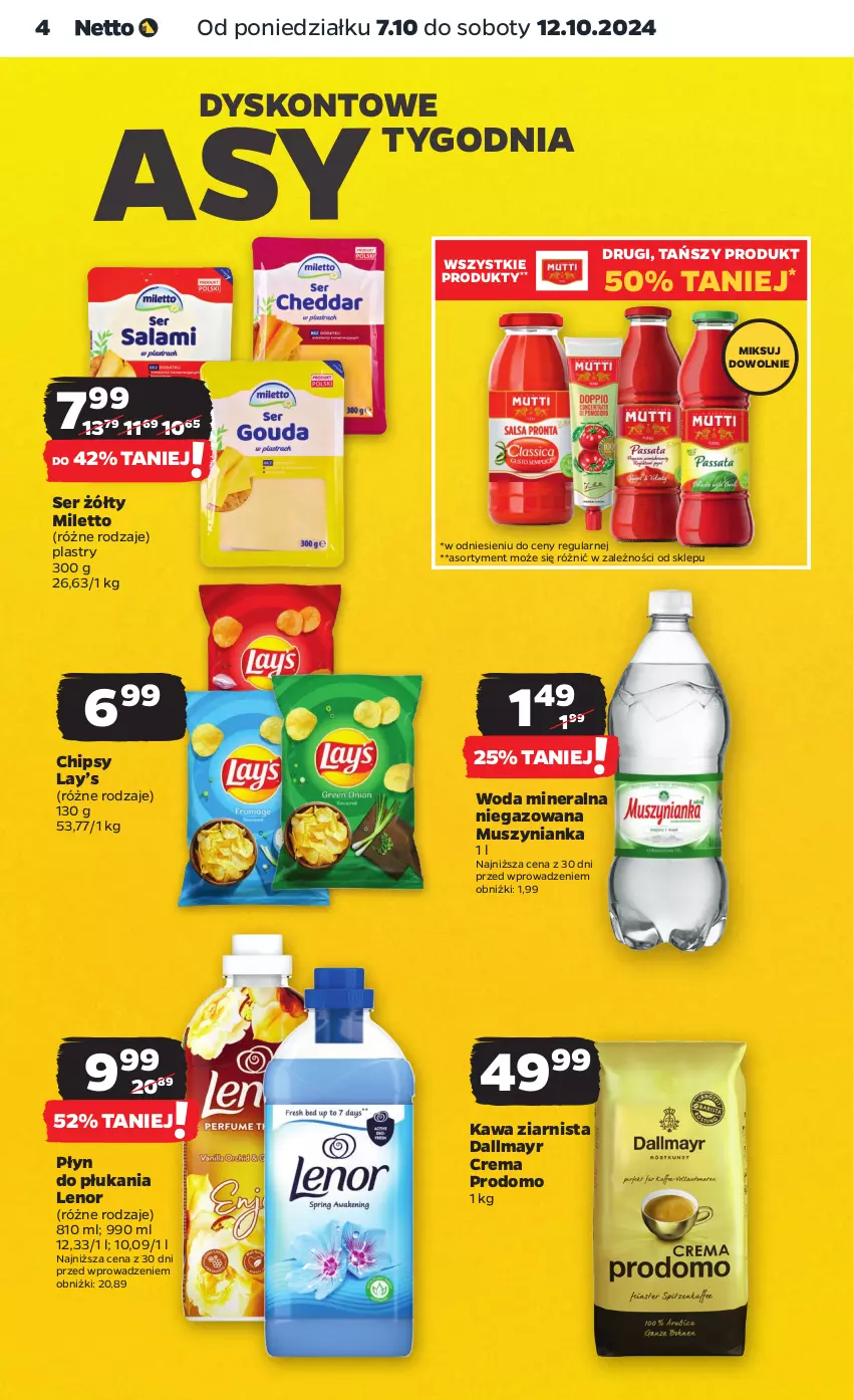 Gazetka promocyjna Netto - Netto Gazetka Food 41/24A - ważna 07.10 do 12.10.2024 - strona 4 - produkty: Chipsy, Dallmayr, Kawa, Kawa ziarnista, Lay’s, Lenor, Mus, Muszynianka, Płyn do płukania, Ser, Woda, Woda mineralna