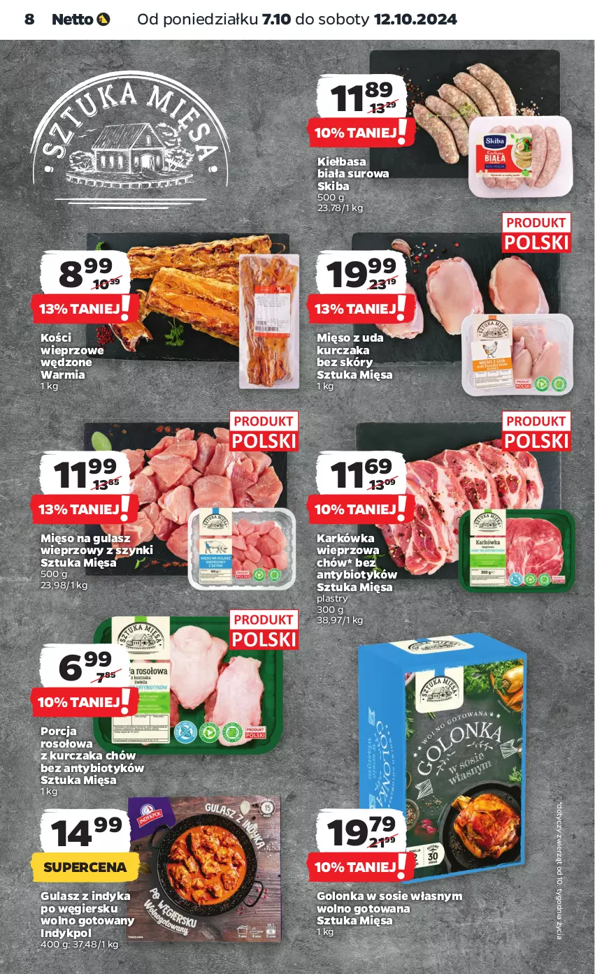 Gazetka promocyjna Netto - Netto Gazetka Food 41/24A - ważna 07.10 do 12.10.2024 - strona 8 - produkty: Karkówka wieprzowa, Kiełbasa, Kiełbasa biała, Kości wieprzowe, Kurczak, Mięso, Mięso na gulasz, Mięso z uda kurczaka, Por, Sos