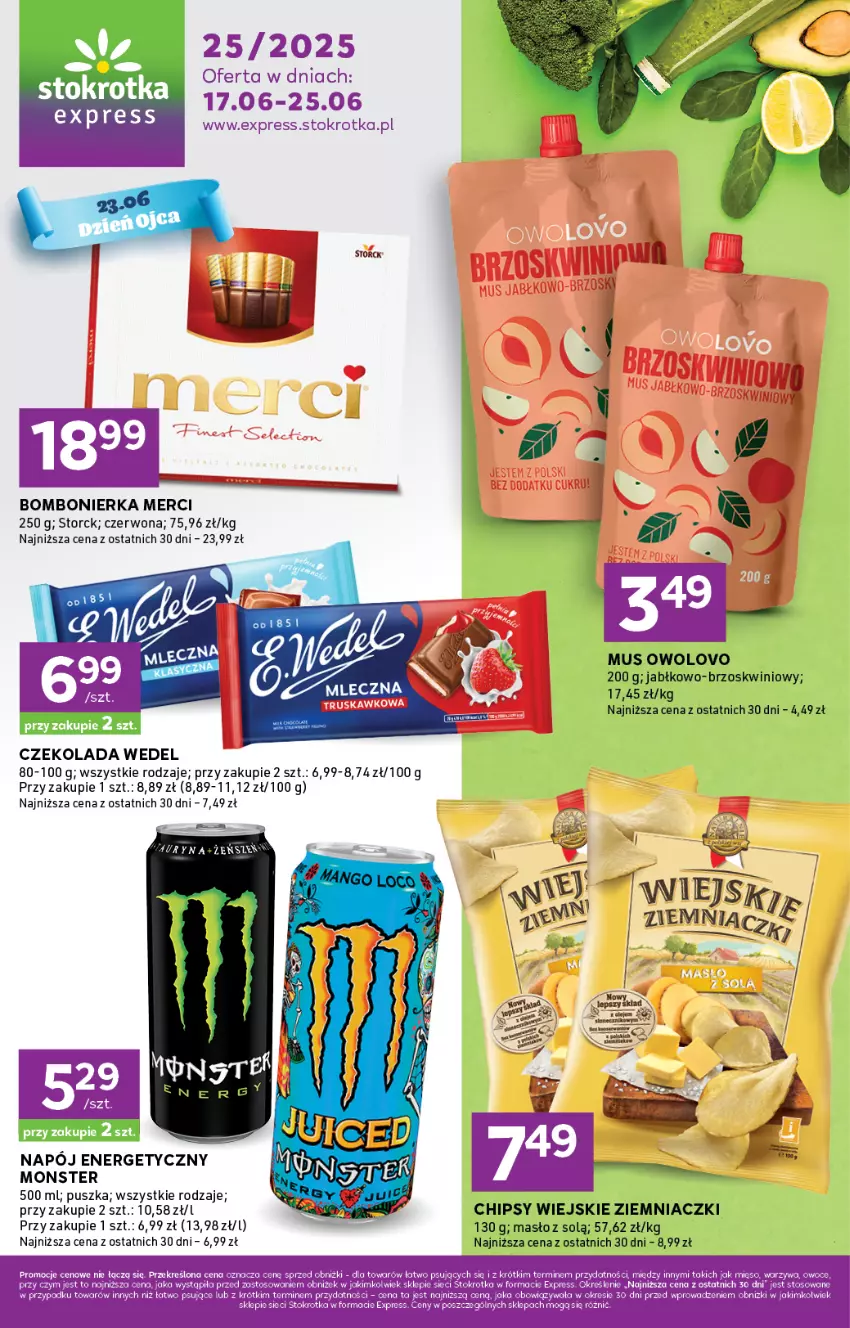 Gazetka promocyjna Stokrotka - Stokrotka Express - ważna 17.06 do 25.06.2025 - strona 1 - produkty: Chipsy, Czekolada, Masło, Merci, Mięso, Mus, Napój, Napój energetyczny, Owoce, Warzywa
