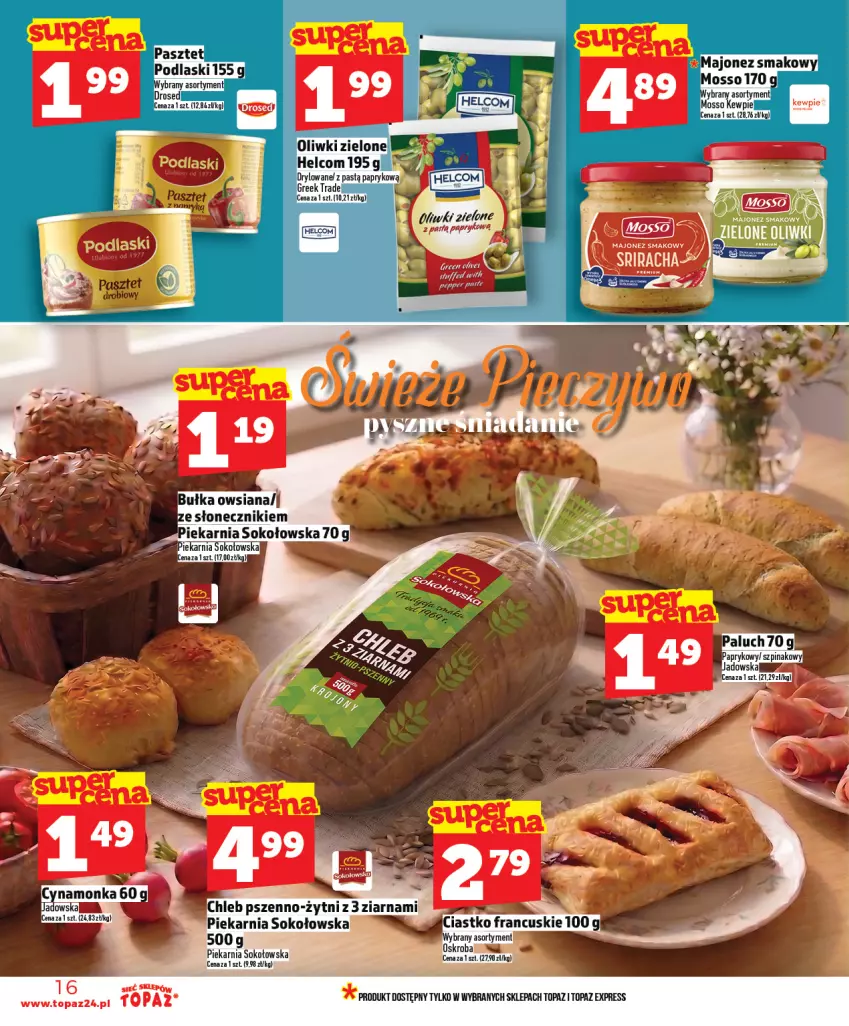 Gazetka promocyjna Topaz - Gazetka - ważna 23.04 do 29.04.2026 - strona 16 - produkty: Bułka, HELCOM, Majonez, Oliwki, Oliwki zielone, Pasztet, Podlaski, Sok, Top