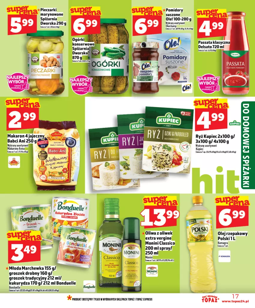 Gazetka promocyjna Topaz - Gazetka - ważna 23.04 do 29.04.2026 - strona 17 - produkty: Bonduelle, Gin, Gra, Groszek, Kukurydza, Kupiec, Makaron, Marchewka, Monini, Ole!, Olej, Olej rzepakowy, Oliwa, Oliwa z oliwek, Piec, Pomidory, Ryż, Top