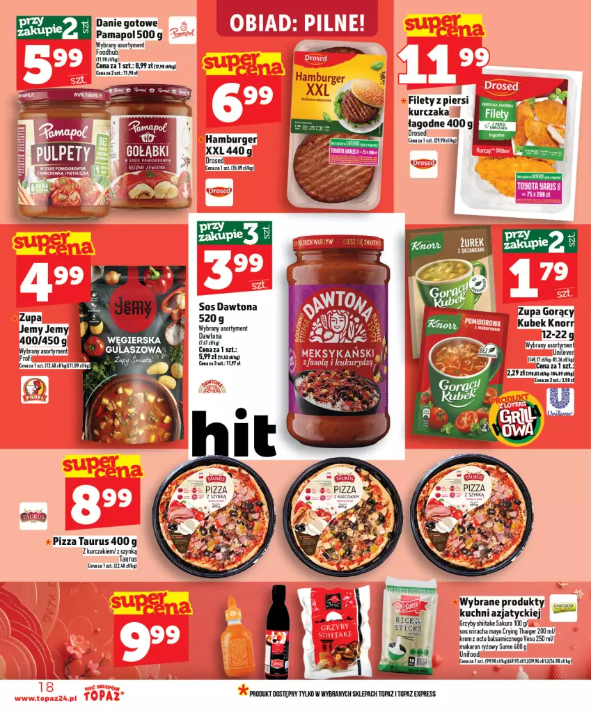 Gazetka promocyjna Topaz - Gazetka - ważna 23.04 do 29.04.2026 - strona 18 - produkty: Burger, Danie gotowe, Dawtona, Grzyby, Grzyby shiitake, Hamburger, Knorr, Kubek, Kurczak, Makaron, Makaron ryżowy, Pizza, Ryż, Sos, Top, Zupa
