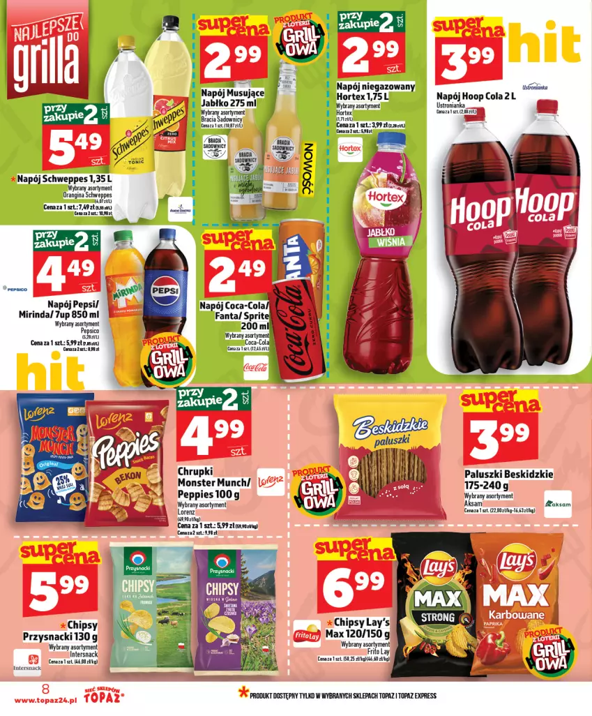 Gazetka promocyjna Topaz - Gazetka - ważna 23.04 do 29.04.2026 - strona 8 - produkty: 7up, Aksam, Beskidzki, Chipsy, Chrupki, Coca-Cola, Fa, Fanta, Gin, Hoop, Hortex, Lorenz, Mirinda, Monster Munch, Napój, Napój niegazowany, Pepsi, Przysnacki, Schweppes, Sprite, Top