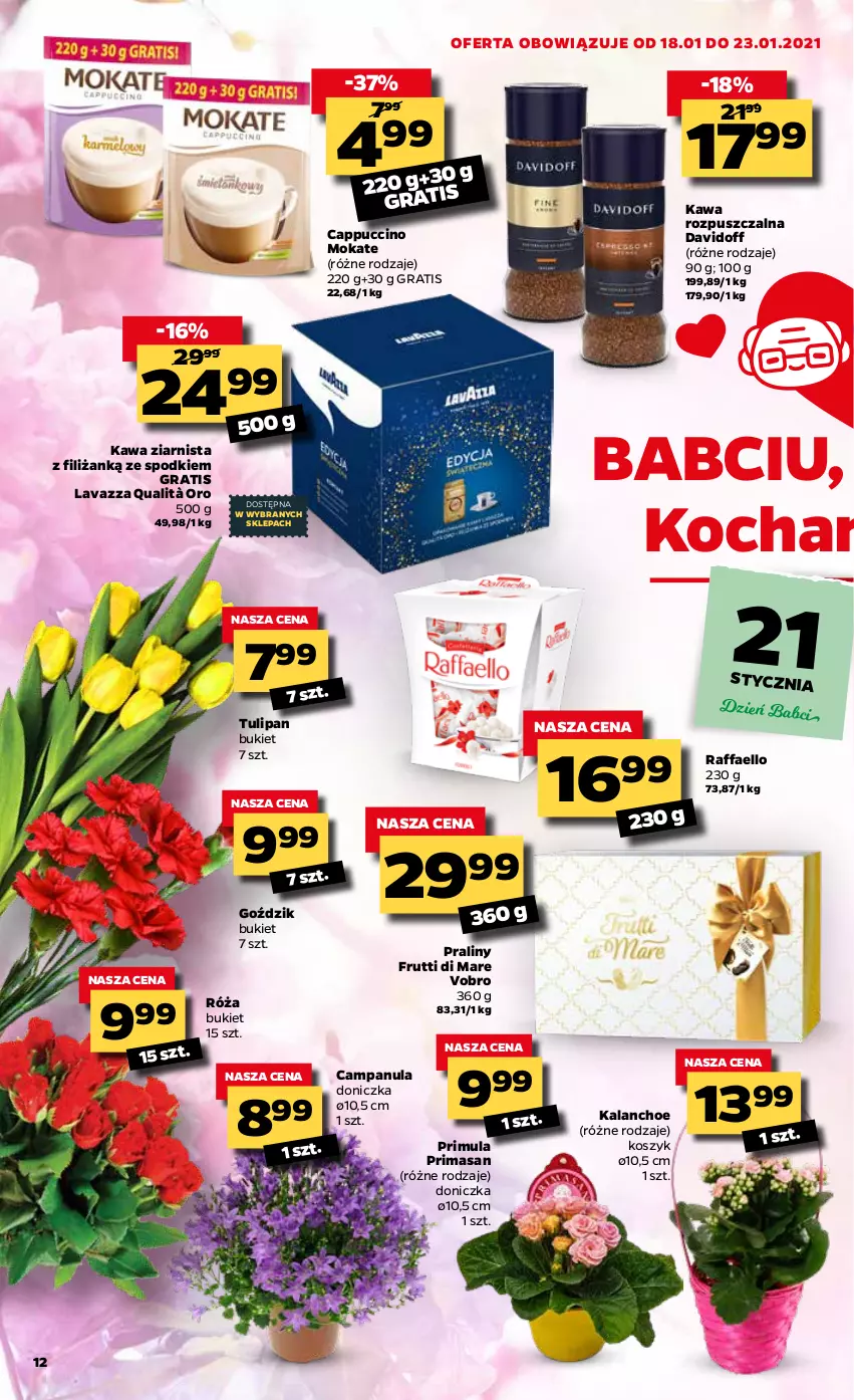 Gazetka promocyjna Netto - Oferta Tygodnia - ważna 18.01 do 23.01.2021 - strona 12 - produkty: Bukiet, Campanula, Cappuccino, Davidoff, Fa, Gra, Kalanchoe, Kawa, Kawa rozpuszczalna, Kawa ziarnista, Koc, Kosz, Lavazza, Praliny, Prima, Primula, Raffaello, Róża, Tulipan