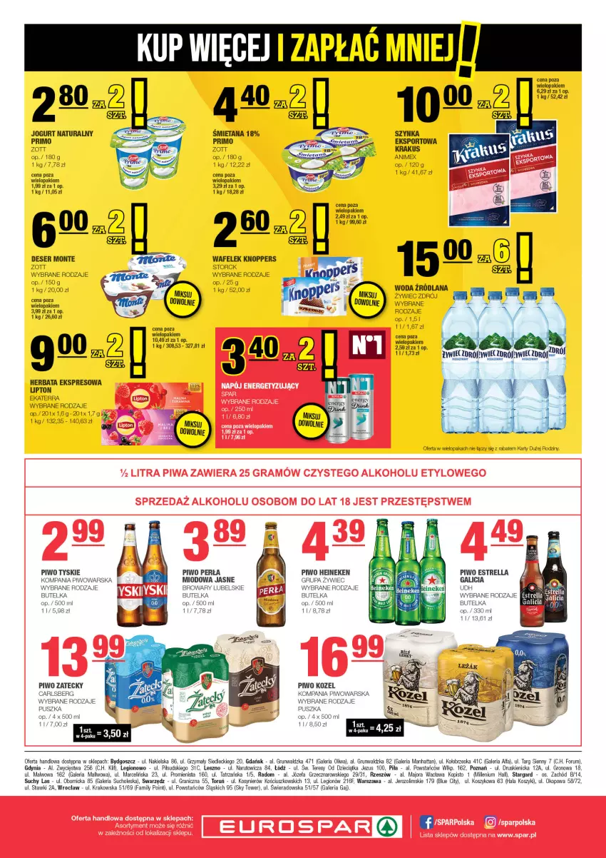 Gazetka promocyjna Spar - EuroSpar - ważna 09.02 do 19.02.2025 - strona 8 - produkty: Carlsberg, Deser, Dzieci, Fa, Gra, Heineken, Herbata, Jogurt, Jogurt naturalny, Knoppers, Kosz, Kozel, Krakus, LANA, Lipton, Monte, Oliwa, Perła, Piwo, Por, Rum, Ser, Sport, Szynka, Top, Tyskie, Wafelek, Woda, Zott