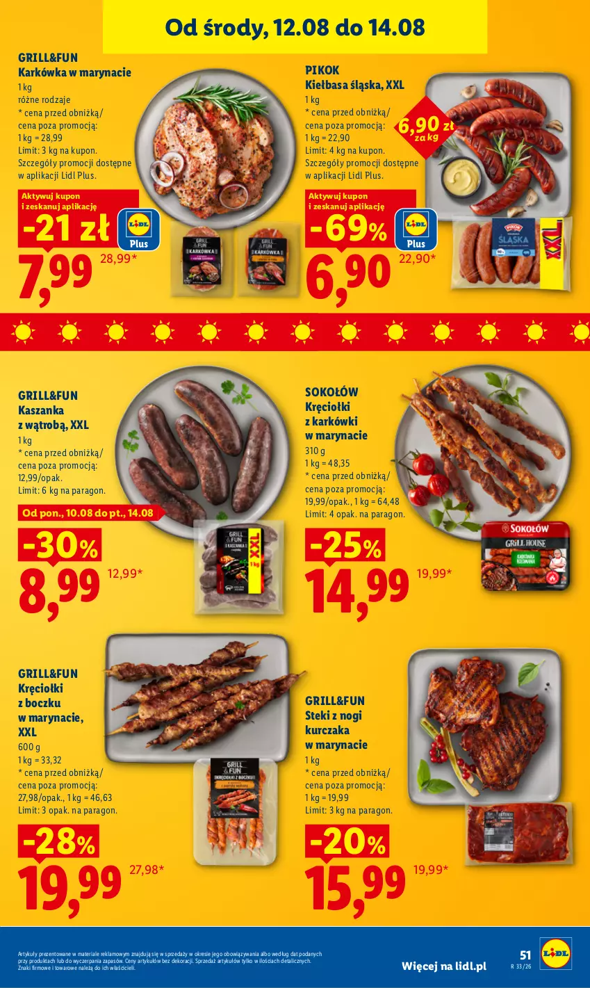 Gazetka promocyjna Lidl - Gazetka ważna od 12.08 do 14.08 - ważna 12.08 do 14.08.2026 - strona 51 - produkty: Grill, Kasza, Kaszanka, Kiełbasa, Kiełbasa śląska, Kurczak, PIKOK, Sok, Sokołów, Stek