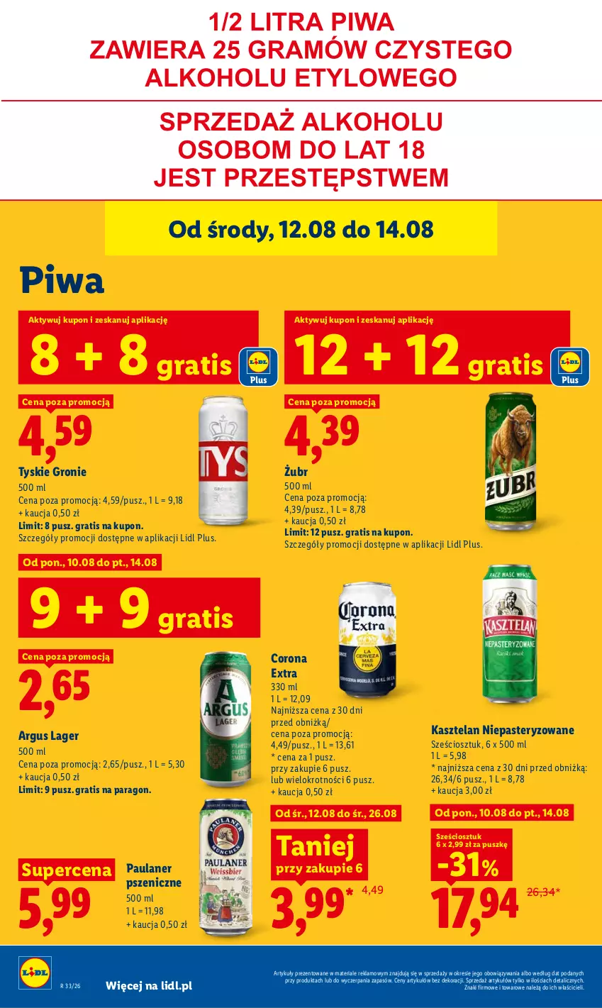 Gazetka promocyjna Lidl - Gazetka ważna od 12.08 do 14.08 - ważna 12.08 do 14.08.2026 - strona 72 - produkty: Corona Extra, Gra, Kasztelan, Piwa, Tyskie
