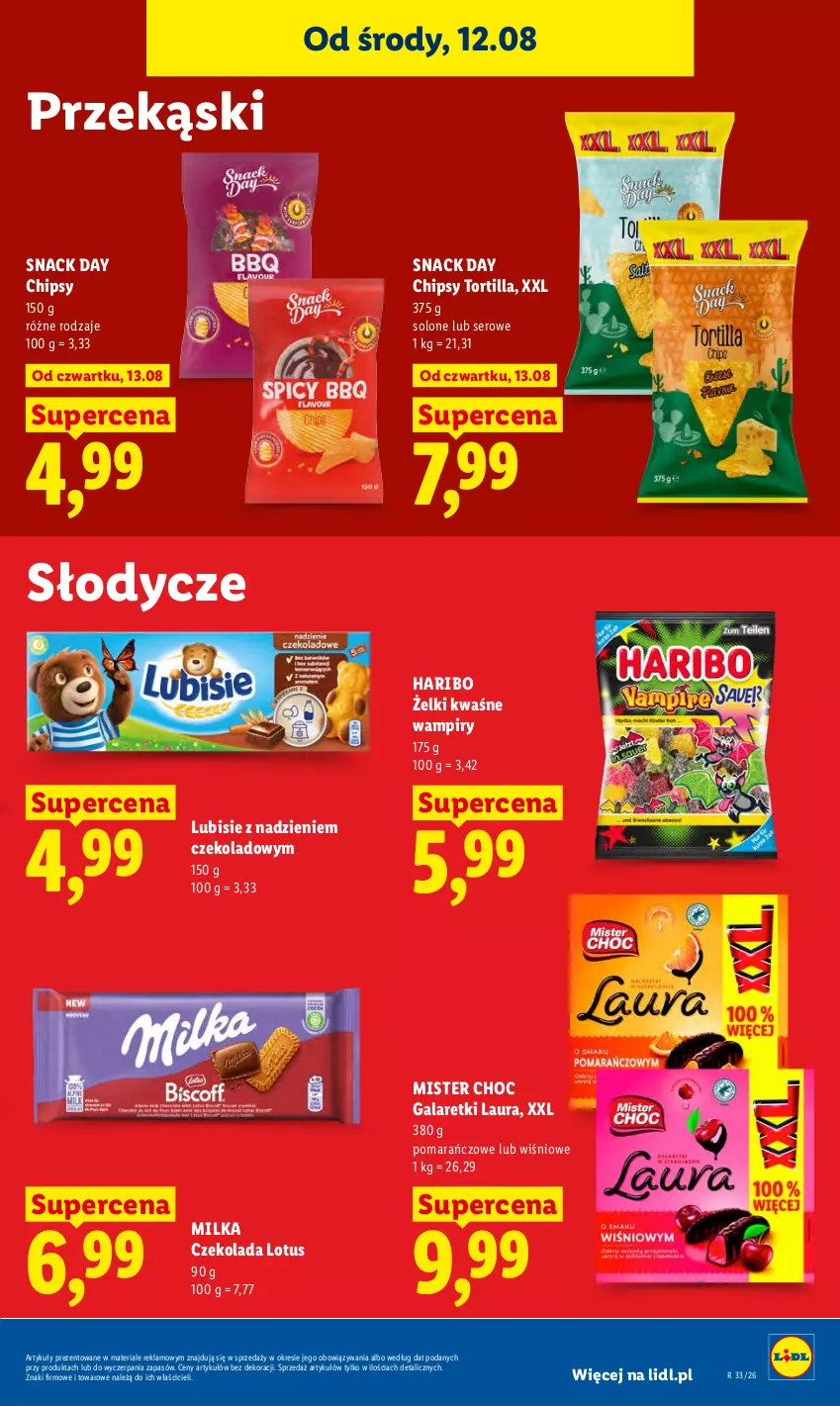 Gazetka promocyjna Lidl - Gazetka ważna od 12.08 do 14.08 - ważna 12.08 do 14.08.2026 - strona 81 - produkty: Chipsy, Czekolada, Gala, Galaretki, Haribo, Laur, Lubisie, Milka, Ser, Tortilla