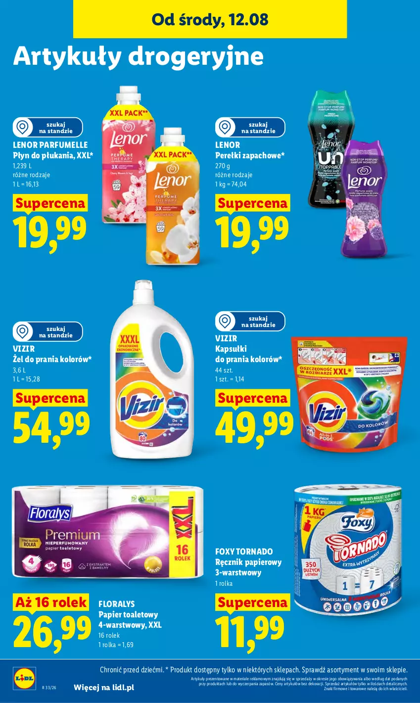 Gazetka promocyjna Lidl - Gazetka ważna od 12.08 do 14.08 - ważna 12.08 do 14.08.2026 - strona 92 - produkty: Flora, Foxy, Kapsułki do prania, Lenor, Papier, Papier toaletowy, Perełki zapachowe, Płyn do płukania, Ręcznik, Vizir