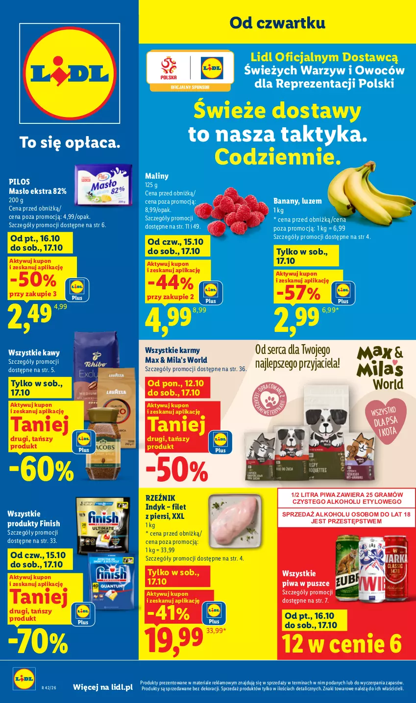 Gazetka promocyjna Lidl - Gazetka - ważna 19.10 do 21.10.2026 - strona 1 - produkty: Banany, Finish, Gra, Maliny, Masło, O nas, Pilos, Piwa, Ser
