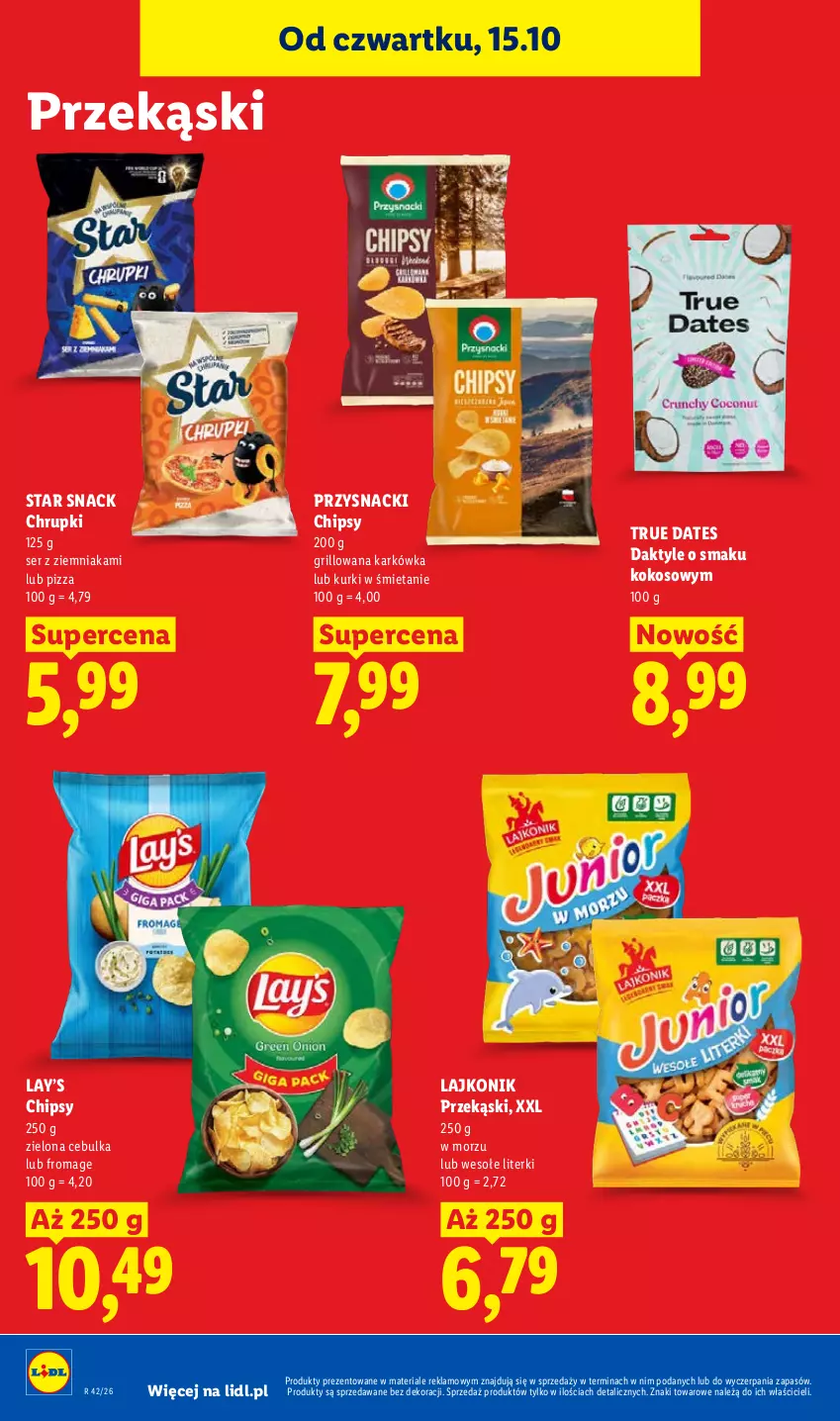 Gazetka promocyjna Lidl - Gazetka - ważna 19.10 do 21.10.2026 - strona 100 - produkty: Chipsy, Chrupki, Daktyle, Grill, Kokos, Lajkonik, Lay’s, Pizza, Przysnacki, Ser
