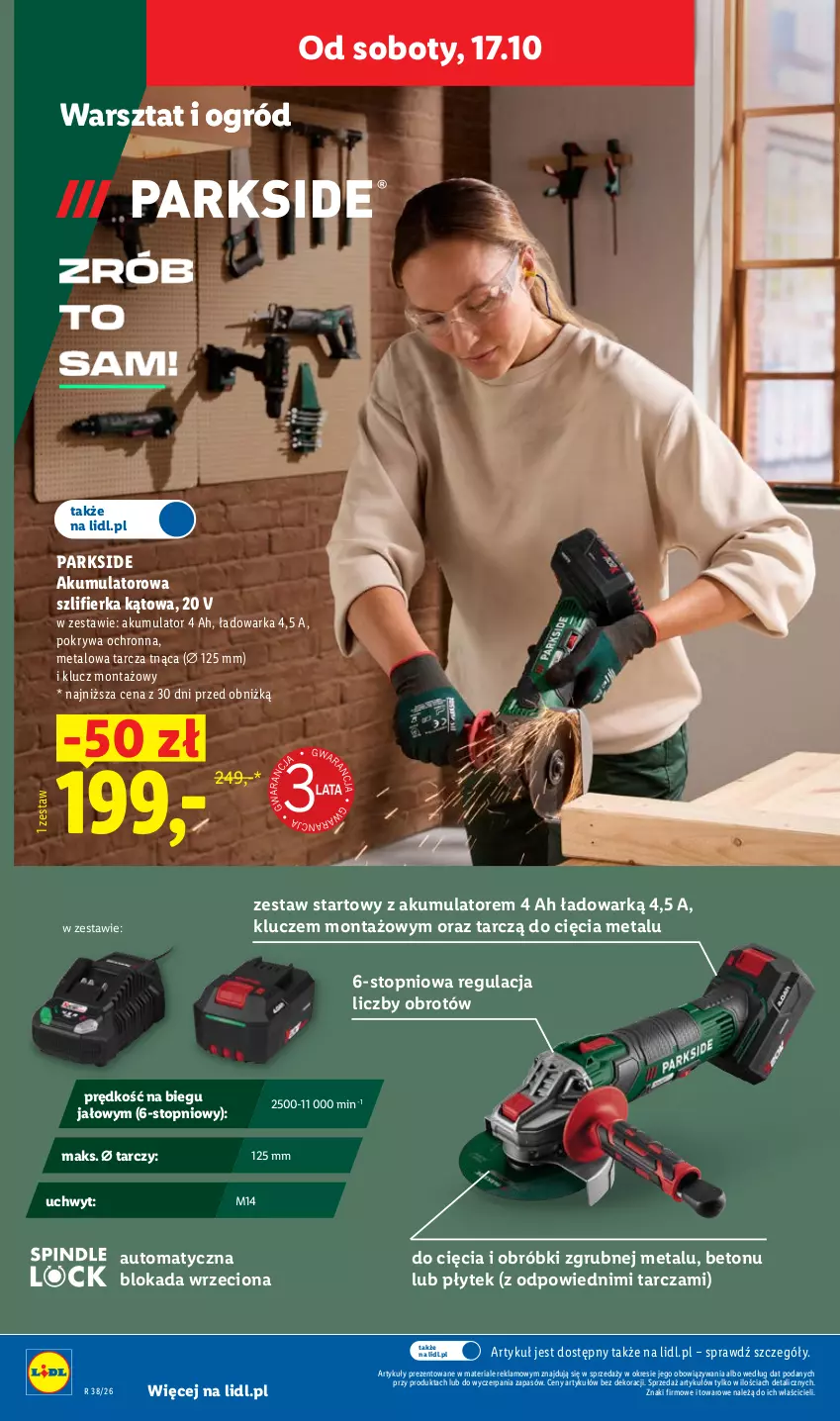 Gazetka promocyjna Lidl - Gazetka - ważna 19.10 do 21.10.2026 - strona 42 - produkty: Akumulator, Ogród, Parkside, Pokrywa, Szlifierka, Szlifierka kątowa, Tarcza tnąca, Top, Warka