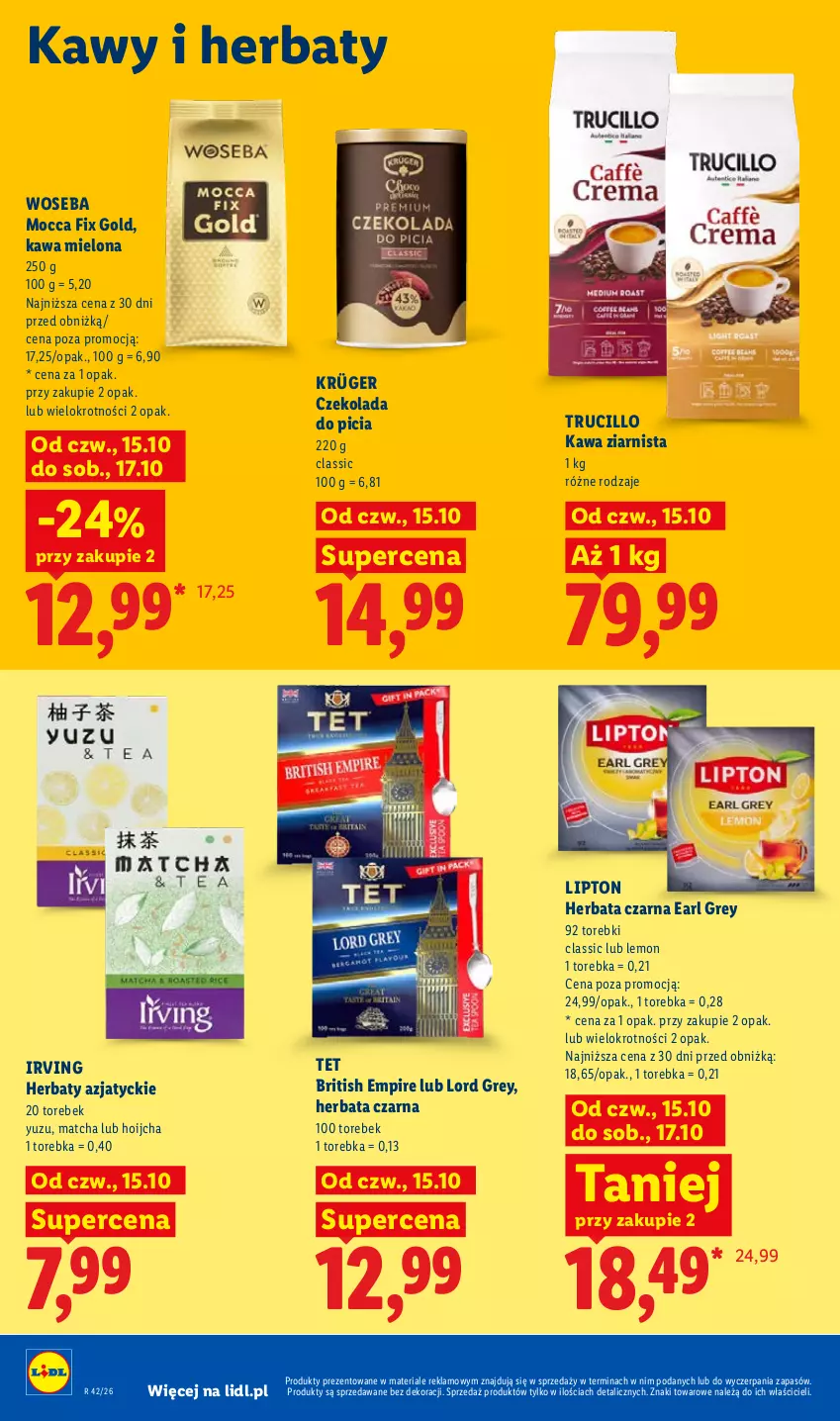 Gazetka promocyjna Lidl - Gazetka - ważna 19.10 do 21.10.2026 - strona 88 - produkty: Brit, Czekolada, Earl Grey, Herbata, Herbata czarna, Irving, Kawa, Kawa mielona, Kawa ziarnista, Lipton, Mocca Fix Gold, Torebka, Woseba