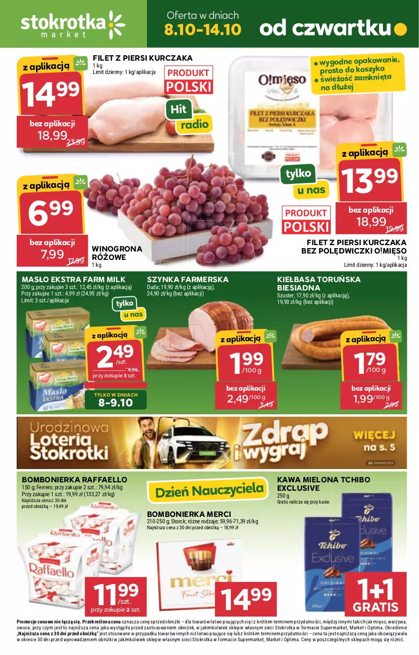 Gazetka promocyjna Stokrotka - Market - ważna 08.10 do 14.10.2026 - strona 1 - produkty: Duda, Fa, Farm Milk, Ferrero, Filet z piersi kurczaka, Gra, Kawa, Kawa mielona, Kiełbasa, Kosz, Kurczak, Masło, Merci, Mięso, Optima, Owoce, Raffaello, Szynka, Szynka farmerska, Tchibo, Warzywa, Wino, Winogrona