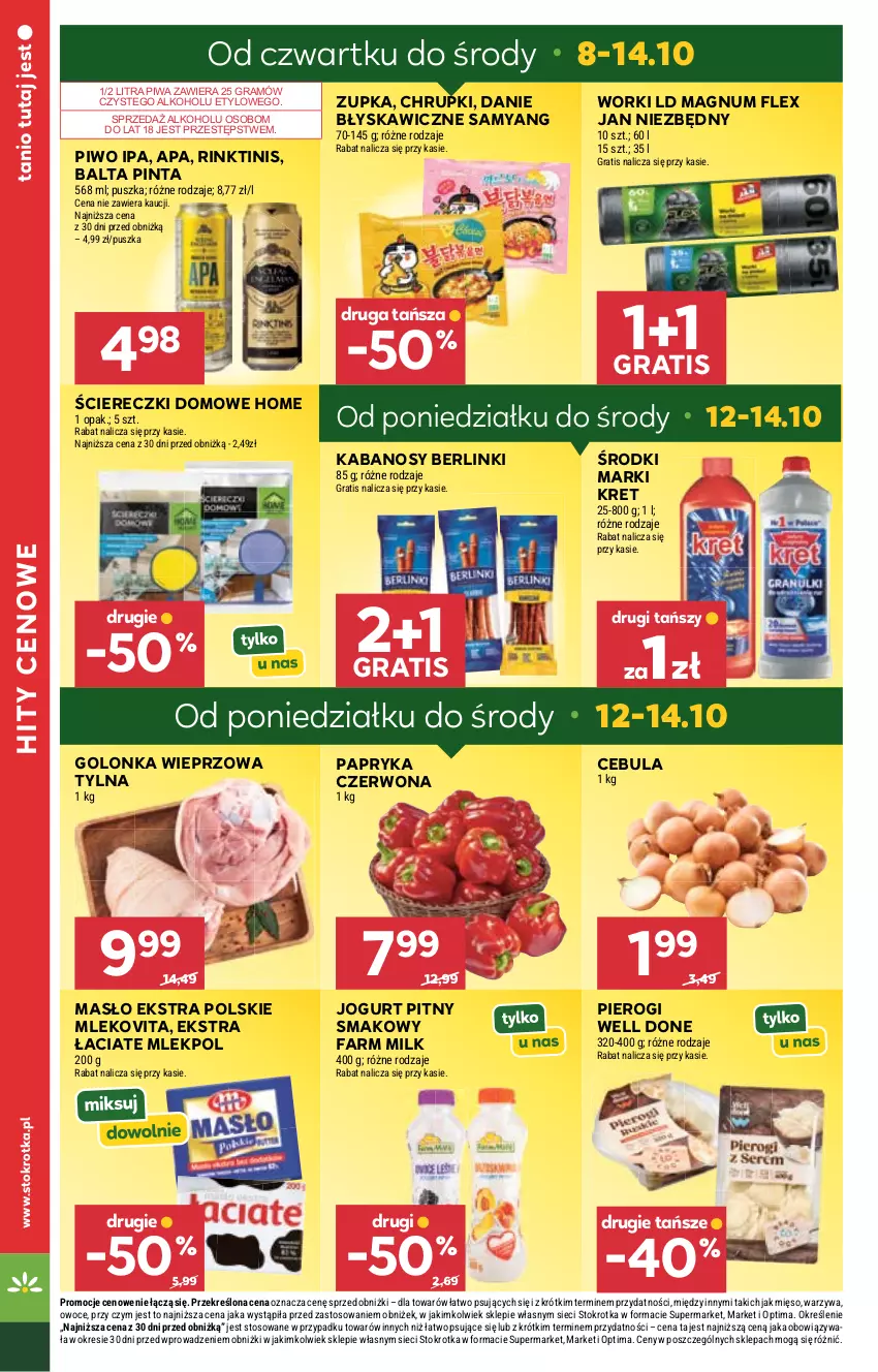 Gazetka promocyjna Stokrotka - Market - ważna 08.10 do 14.10.2026 - strona 4 - produkty: Berlinki, Cebula, Chrupki, Fa, Farm Milk, Golonka wieprzowa, Gra, Jan Niezbędny, Jogurt, Jogurt pitny, Kabanos, Kret, Masło, Mięso, Mleko, Mlekovita, Optima, Owoce, Papryka, Papryka czerwona, Pierogi, Piwa, Piwo, Warzywa