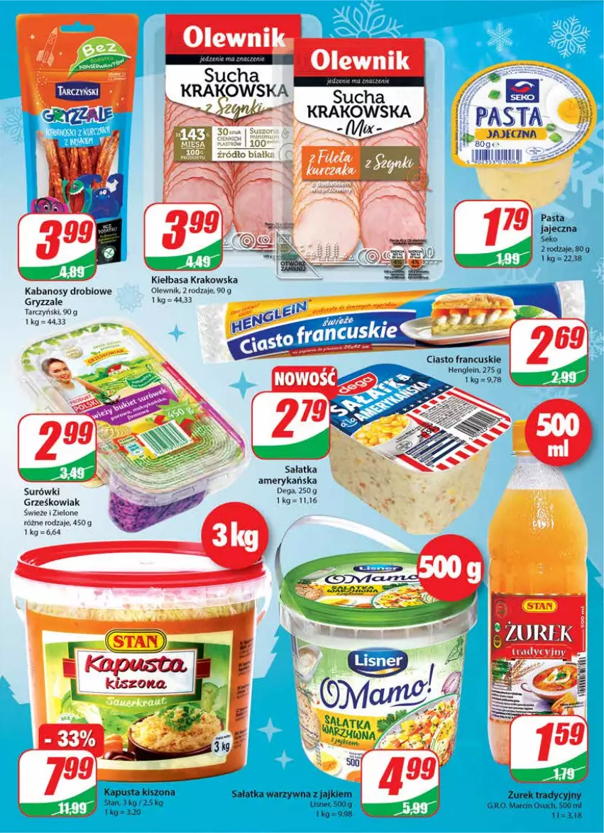 Gazetka promocyjna Dino - Gazetka - ważna 08.12 do 14.12.2021 - strona 19 - produkty: Ciasto francuskie, Dega, Gry, Kabanos, Kiełbasa, Kiełbasa krakowska, Olewnik, Sałat, Sałatka, Sałatka warzywna, SEKO, Tarczyński