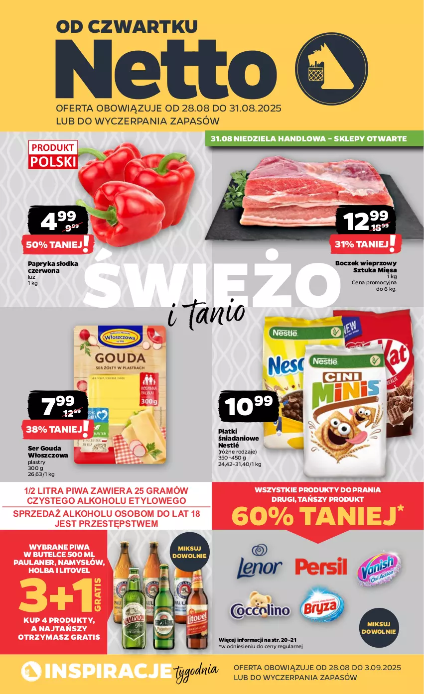 Gazetka promocyjna Netto - Od Czwartku - ważna 28.08 do 31.08.2025 - strona 1 - produkty: Boczek, Boczek wieprzowy, Danio, Gouda, Gra, Namysłów, Nestlé, Papryka, Papryka słodka, Piwa, Ser