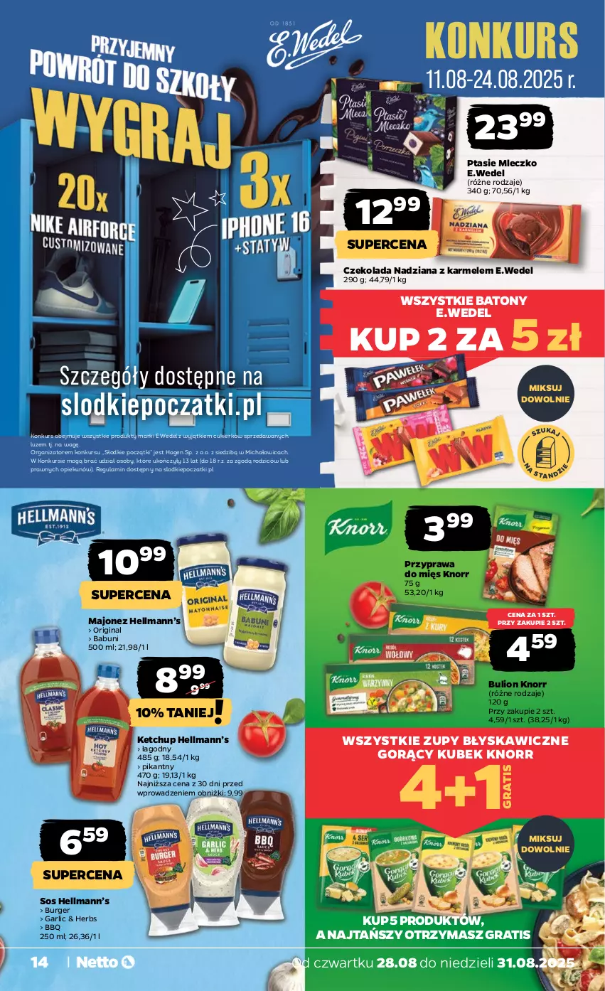 Gazetka promocyjna Netto - Od Czwartku - ważna 28.08 do 31.08.2025 - strona 14 - produkty: Babuni, Baton, Bulion, Burger, Cukier, Czekolada, Gin, Gra, Hellmann’s, Ketchup, Knorr, Kubek, Lion, Majonez, Mleczko, Ptasie mleczko, Sos