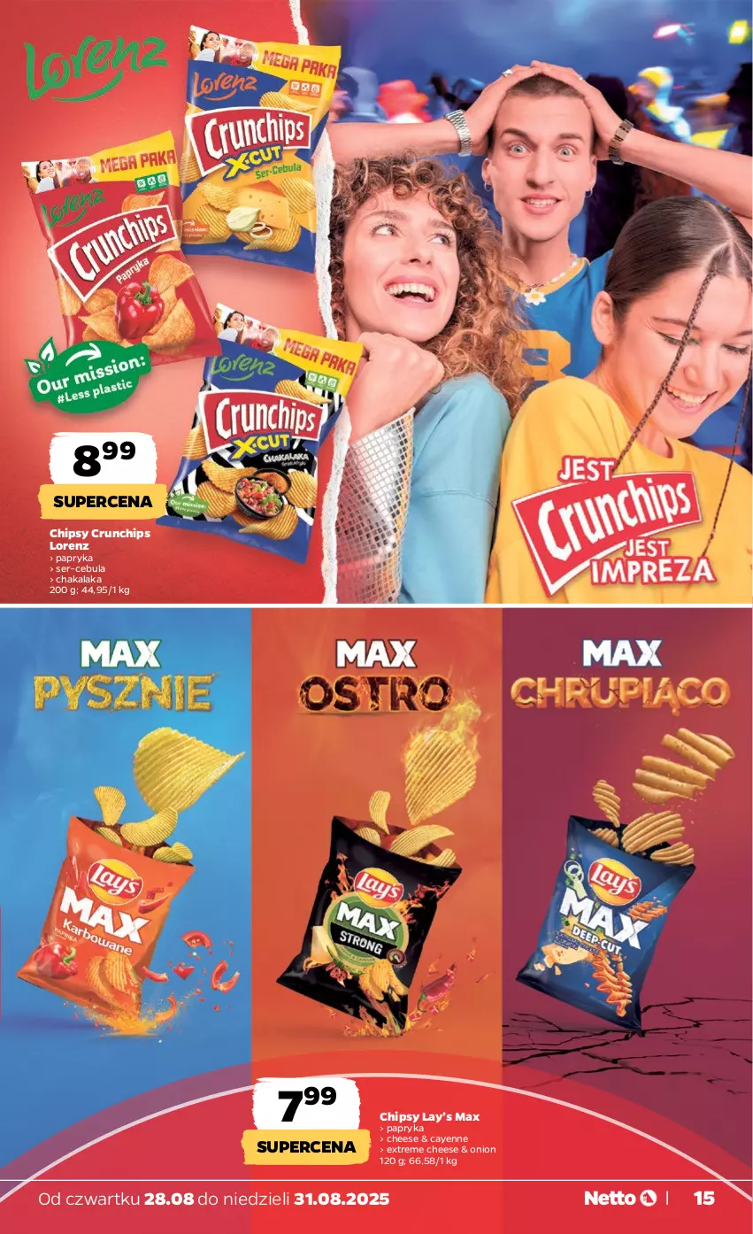 Gazetka promocyjna Netto - Od Czwartku - ważna 28.08 do 31.08.2025 - strona 15 - produkty: Cebula, Chipsy, Crunchips, Lay’s, Lorenz, Papryka, Ser