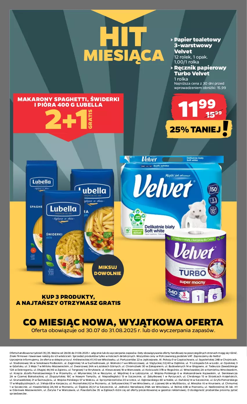 Gazetka promocyjna Netto - Od Czwartku - ważna 28.08 do 31.08.2025 - strona 23 - produkty: Bell, Bella, Fa, Gra, Gry, Karp, Kujawski, Lubella, Makaron, Papier, Papier toaletowy, Podlaski, Ręcznik, Sok, Spaghetti, Stock, Top, Velvet, Wino