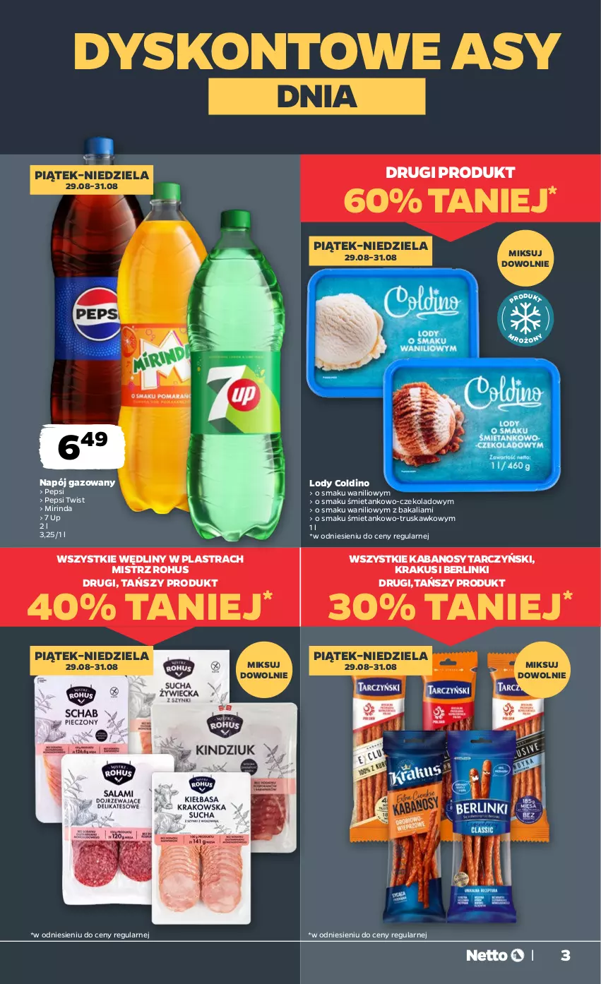 Gazetka promocyjna Netto - Od Czwartku - ważna 28.08 do 31.08.2025 - strona 3 - produkty: Berlinki, Kabanos, Krakus, Lody, Mirinda, Napój, Napój gazowany, Pepsi, Tarczyński