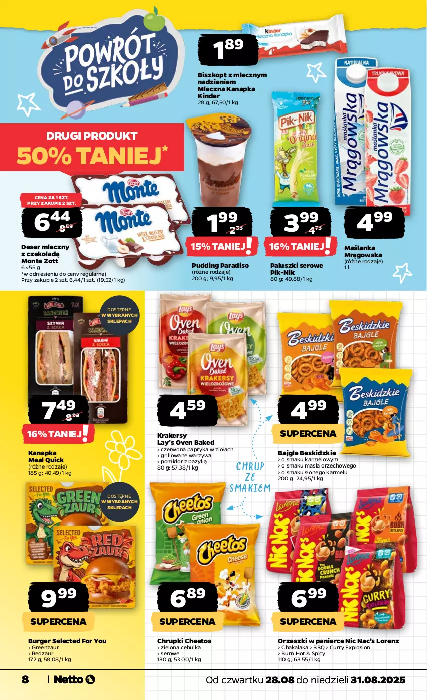 Gazetka promocyjna Netto - Od Czwartku - ważna 28.08 do 31.08.2025 - strona 8 - produkty: Bajgle, Bazyl, Beskidzki, Burger, Cheetos, Chrupki, Deser, Deser mleczny, Grill, Kinder, Krakersy, Lay’s, Lorenz, Maślanka, Mleczna kanapka, Monte, Orzeszki, Papryka, Pudding, Ser, Warzywa, Zott