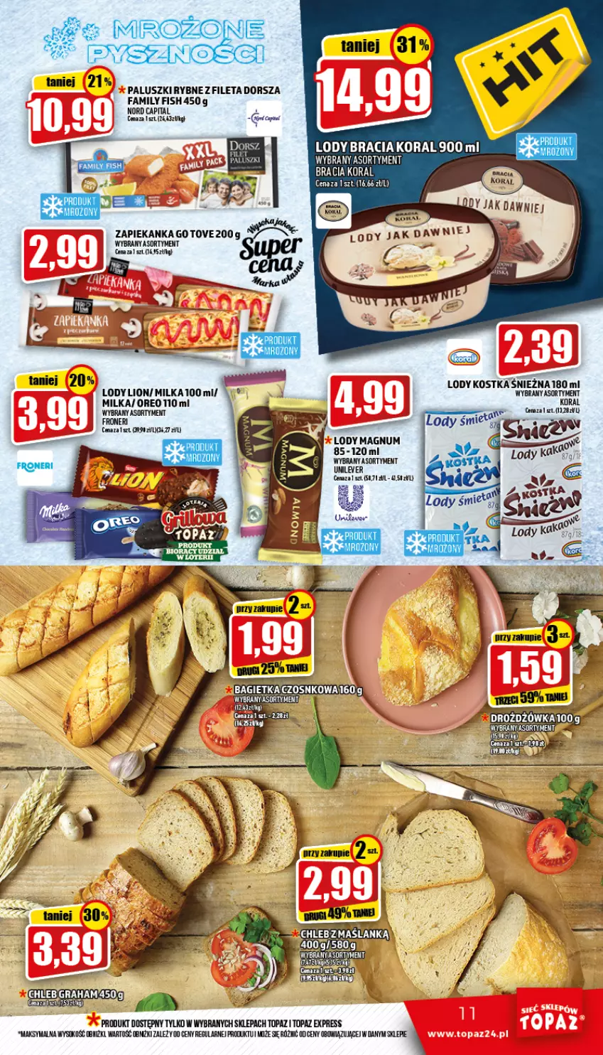 Gazetka promocyjna Topaz - Gazetka - ważna 17.06 do 22.06.2022 - strona 11 - produkty: Dorsz, Fa, Lion, Lody, Milka, Oreo, Paluszki rybne, Sok, Top, Zapiekanka