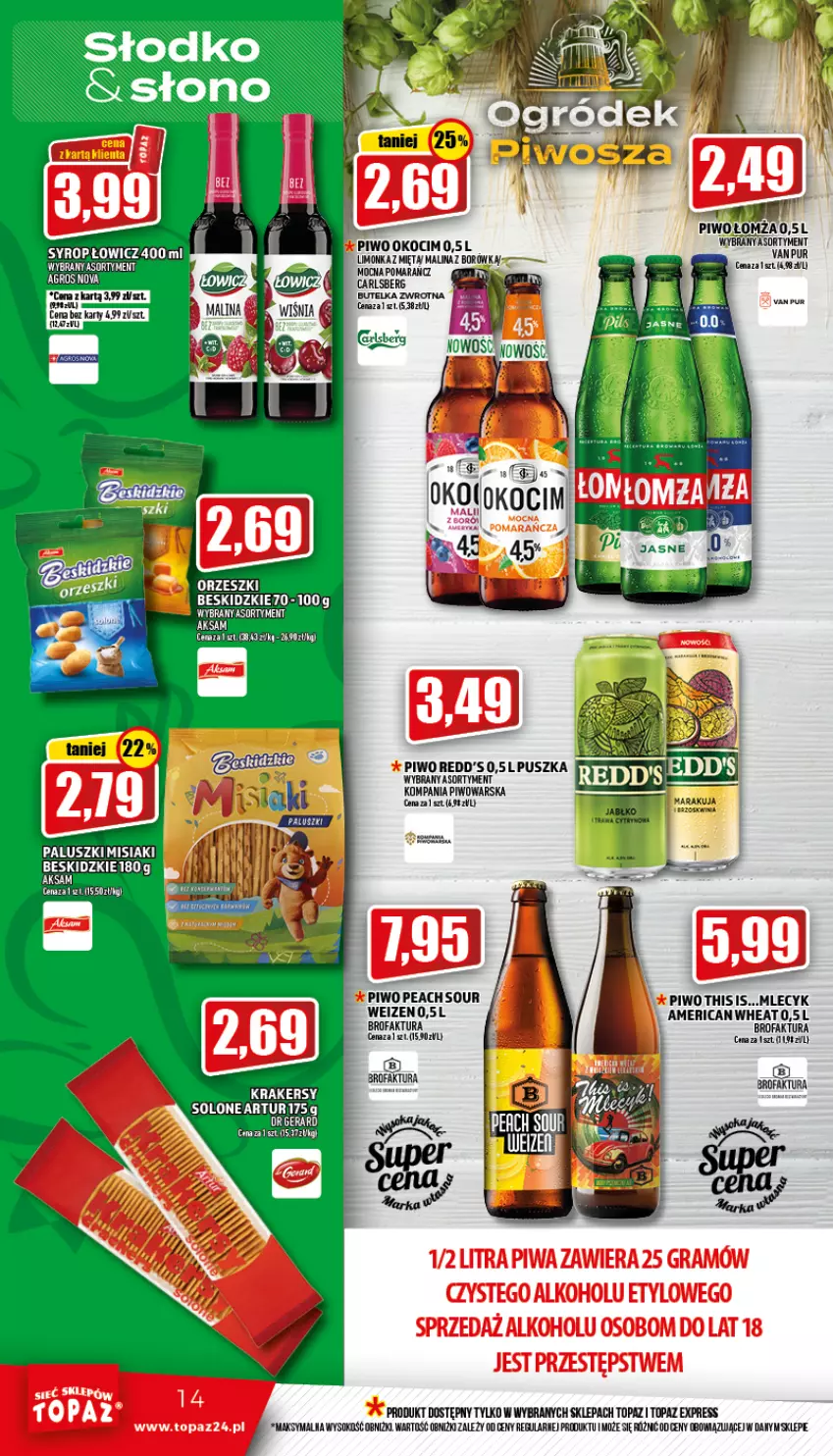 Gazetka promocyjna Topaz - Gazetka - ważna 17.06 do 22.06.2022 - strona 14 - produkty: Carlsberg, Fa, Gin, Gra, HP, Kasia, Koc, Limonka, Mięta, Okocim, Piwa, Piwo, Redd's, Sok, Top