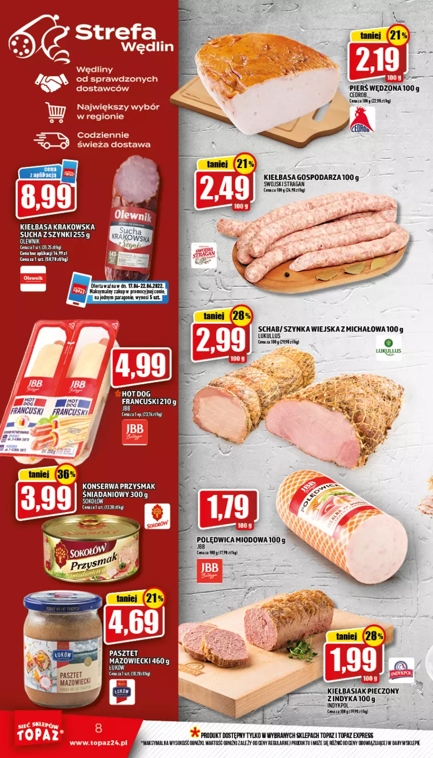 Gazetka promocyjna Topaz - Gazetka - ważna 17.06 do 22.06.2022 - strona 8 - produkty: Danio, Fa, Kiełbasa, Kiełbasa krakowska, Olej, Pasztet, Sok, Szynka, Top