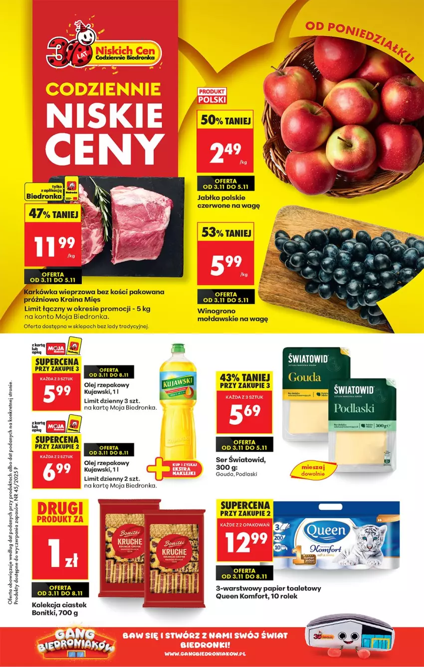Gazetka promocyjna Biedronka - Od Poniedziałku - ważna 03.11 do 08.11.2025 - strona 1 - produkty: Bonitki, Gouda, Karkówka wieprzowa, Koc, Kret, Kujawski, Olej, Olej rzepakowy, Papier, Papier toaletowy, Podlaski, Ser, Stek, Wino