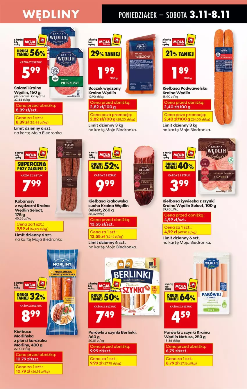 Gazetka promocyjna Biedronka - Od Poniedziałku - ważna 03.11 do 08.11.2025 - strona 33 - produkty: Berlinki, Boczek, Kabanos, Kiełbasa, Kiełbasa krakowska, Kiełbasa podwawelska, Kurczak, Morliny, Parówki, Parówki z szynki, Pieprz, Salami, Wawel