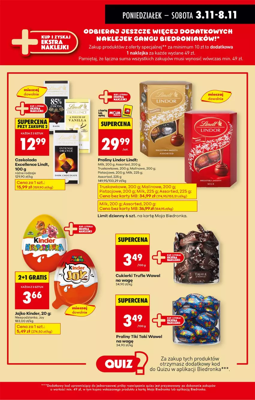 Gazetka promocyjna Biedronka - Od Poniedziałku - ważna 03.11 do 08.11.2025 - strona 47 - produkty: Cukier, Cukierki, Czekolada, Kinder, Lindor, Lindt, Praliny, Quiz, Wawel