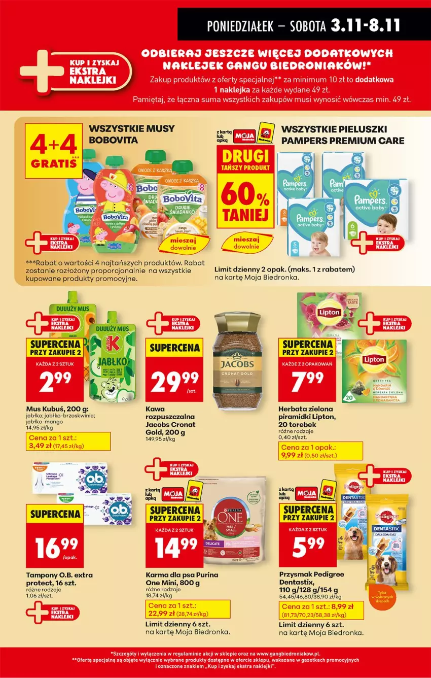 Gazetka promocyjna Biedronka - Od Poniedziałku - ważna 03.11 do 08.11.2025 - strona 49 - produkty: BoboVita, Herbata, Jacobs, Kawa, Kubuś, Lipton, Mus, O.B., Pampers, Pedigree, Por, Pur, Purina, Tampony