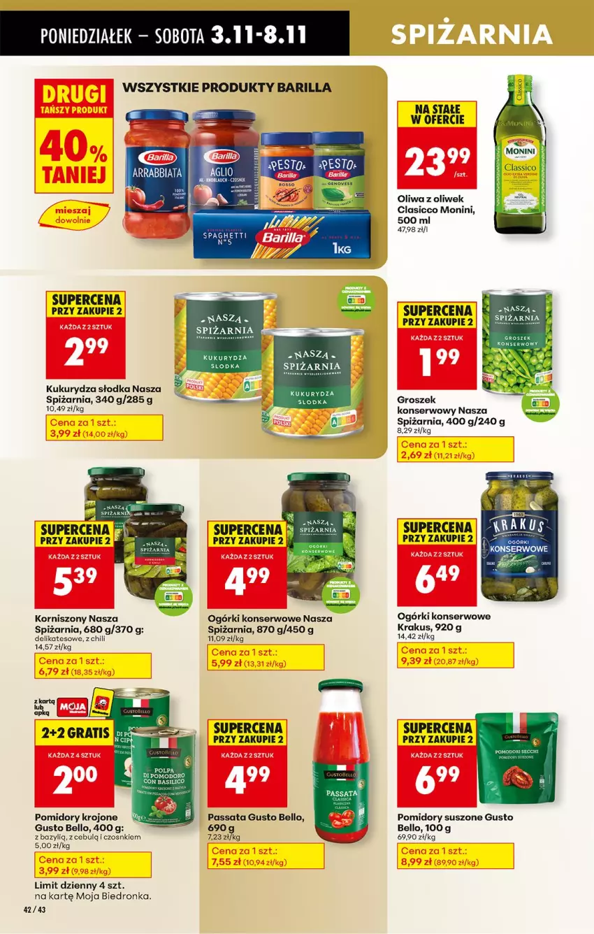 Gazetka promocyjna Biedronka - Od Poniedziałku - ważna 03.11 do 08.11.2025 - strona 56 - produkty: Barilla, Bazyl, Bell, Groszek, Korniszony, Krakus, Kukurydza, Monini, Ogórki konserwowe, Oliwa, Oliwa z oliwek, Pomidory, Pomidory krojone, Ser, Spaghetti