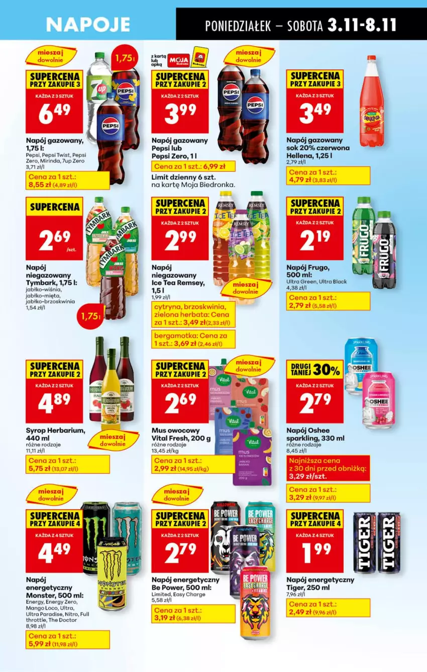 Gazetka promocyjna Biedronka - Od Poniedziałku - ważna 03.11 do 08.11.2025 - strona 67 - produkty: 7up, Full Throttle, Hellena, K2, Lack, Mango, Mięta, Mirinda, Mus, Napój, Napój energetyczny, Napój gazowany, Napoje, Oshee, Pepsi, Sok, Syrop, Tiger, Tymbark