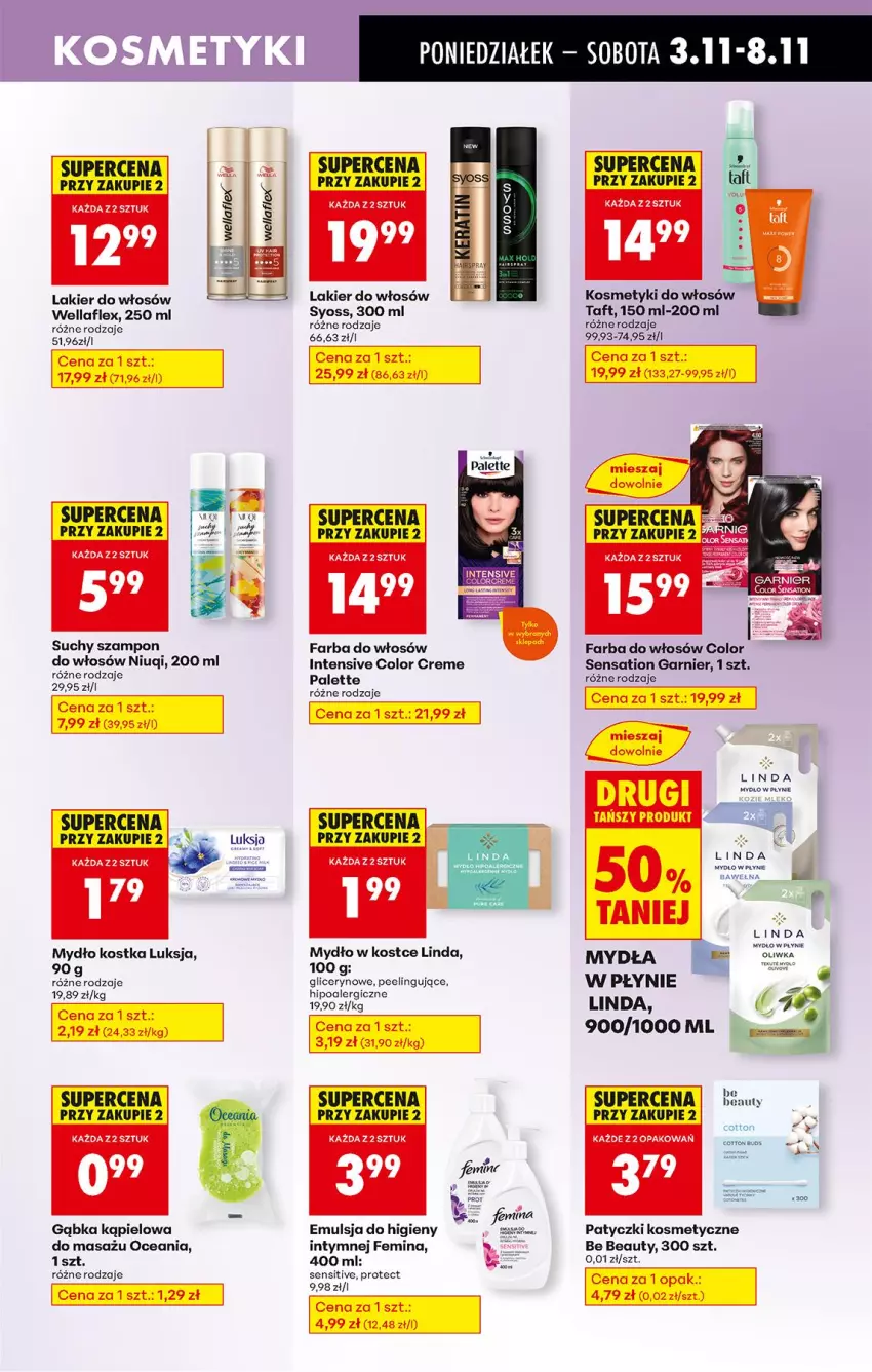 Gazetka promocyjna Biedronka - Od Poniedziałku - ważna 03.11 do 08.11.2025 - strona 73 - produkty: Be Be, Color Creme, Emulsja, Fa, Farba do włosów, Garnier, Gra, Lakier, Lakier do włosów, Luksja, Mydło, Mydło w płynie, Niuqi, Palette, Patyczki kosmetyczne, Peeling, Sati, Suchy szampon, Syoss, Szampon, Taft, Wella, Wellaflex